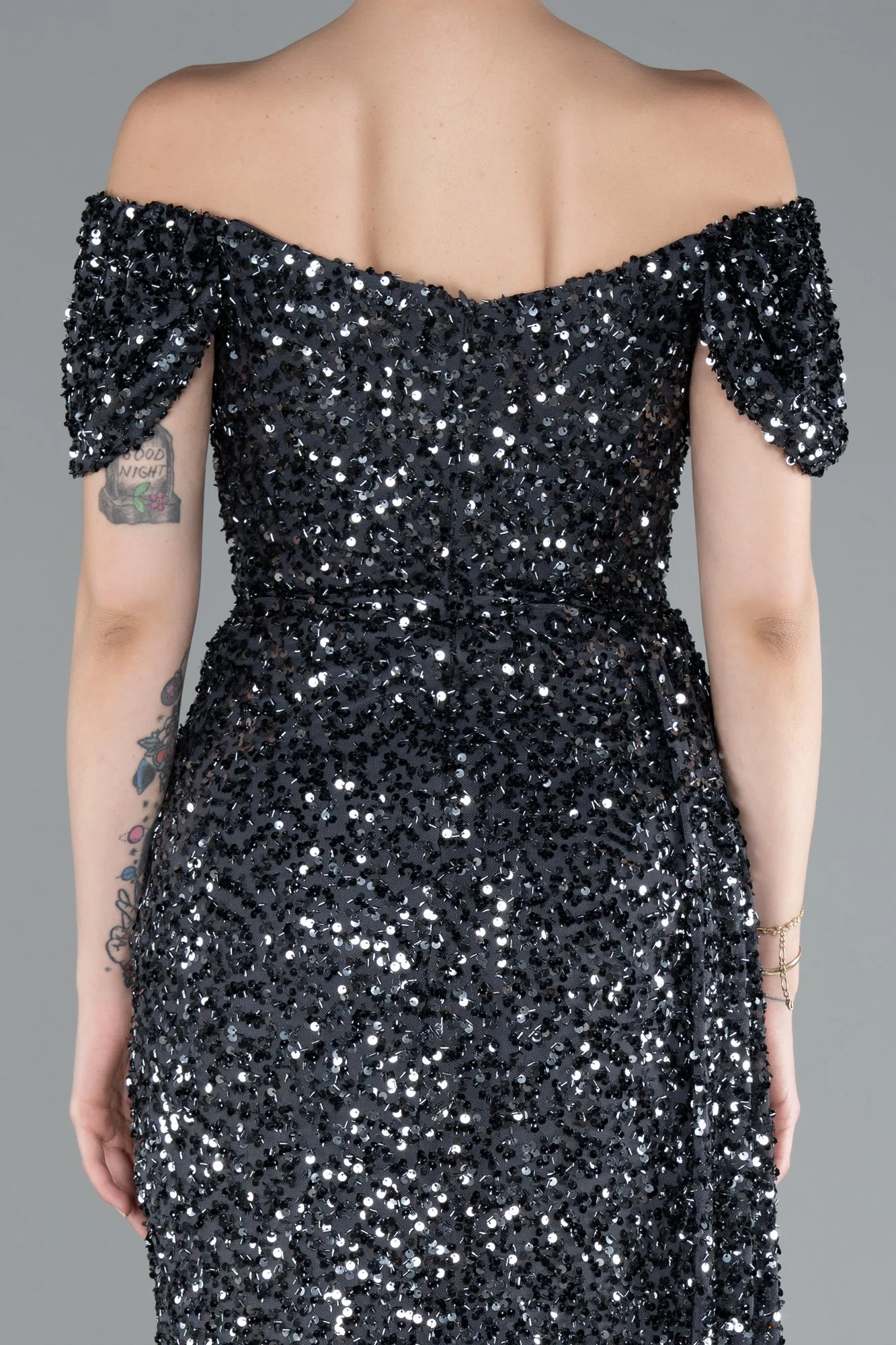 Anthracite-Boat Neck Slit Long Sequin Evening Gown ABU4843