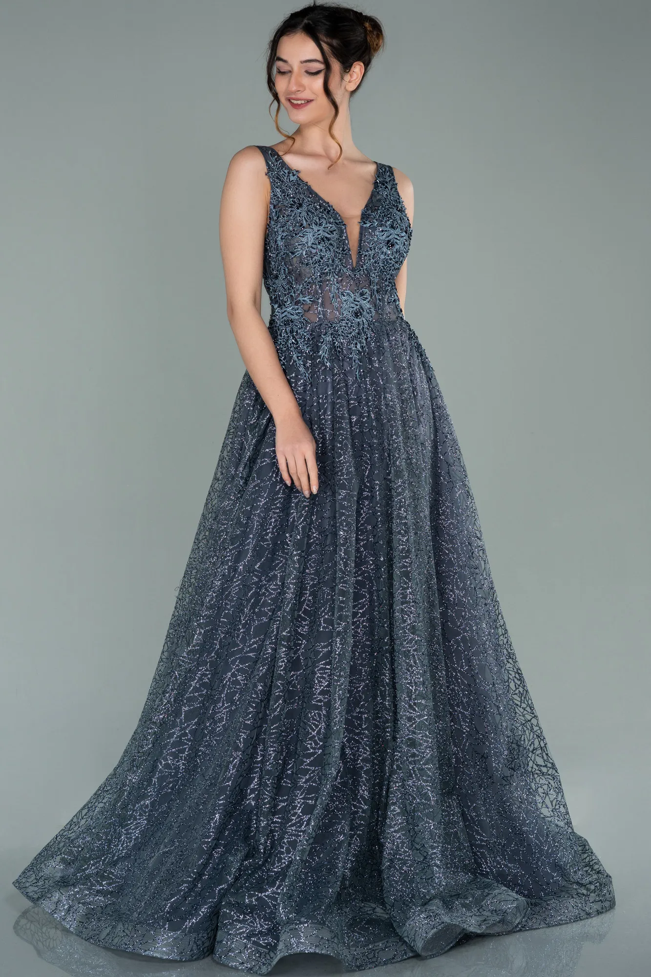 Anthracite-Embroidered Bodice Dusty Rose Tulle Evening Gown ABU2131