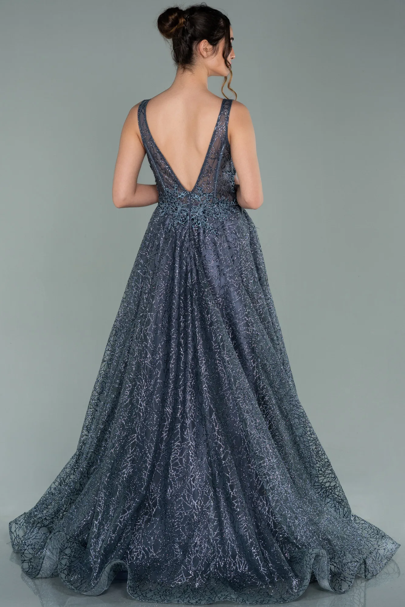 Anthracite-Embroidered Bodice Dusty Rose Tulle Evening Gown ABU2131