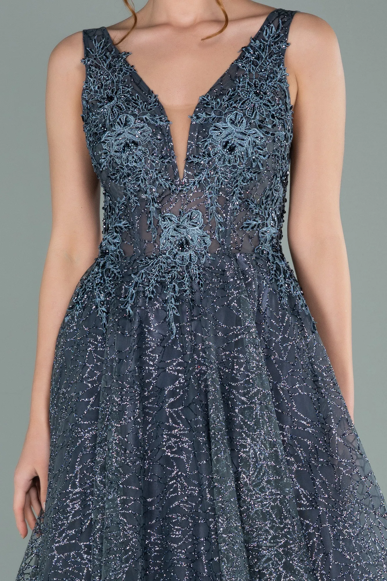 Anthracite-Embroidered Bodice Dusty Rose Tulle Evening Gown ABU2131