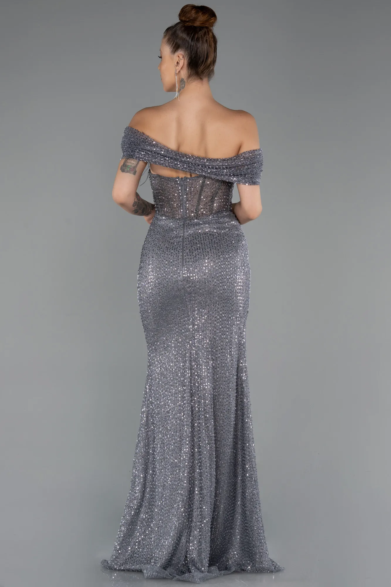Anthracite-Long Beaded Evening Dress ABU5183
