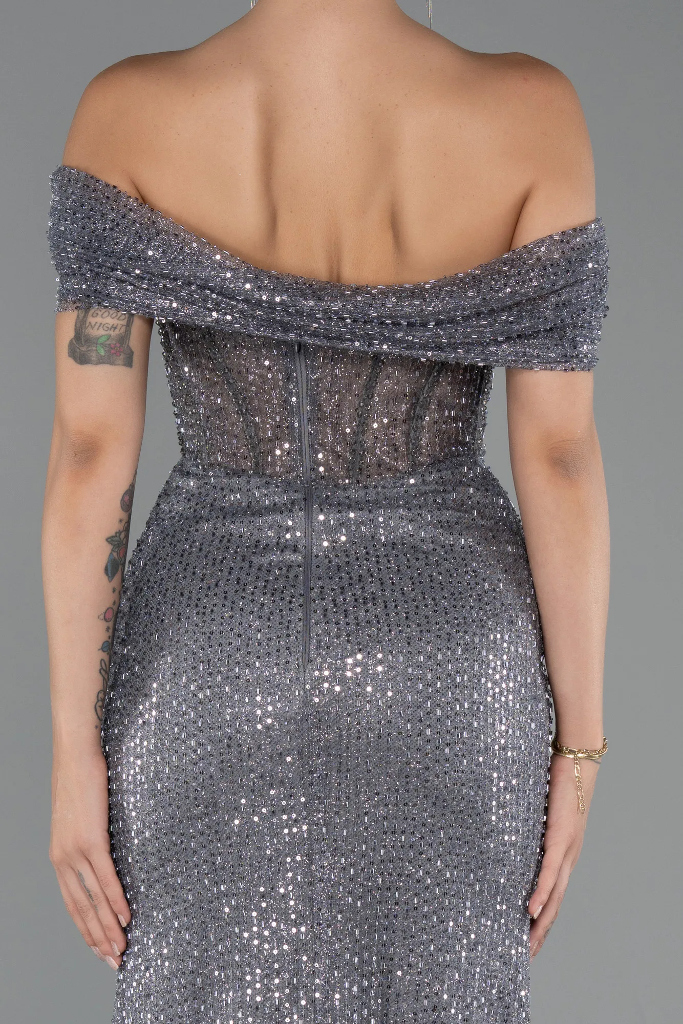 Anthracite-Long Beaded Evening Dress ABU5183