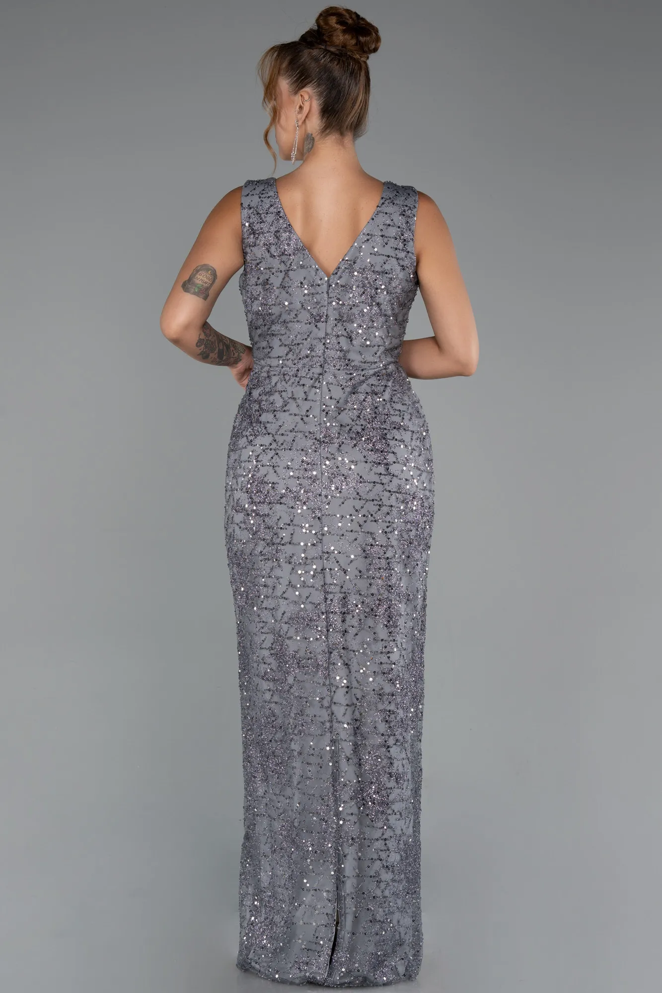 Anthracite-Long Beaded Evening Dress ABU5187