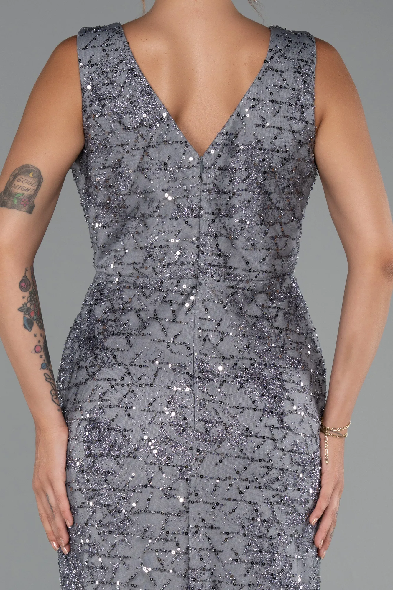 Anthracite-Long Beaded Evening Dress ABU5187