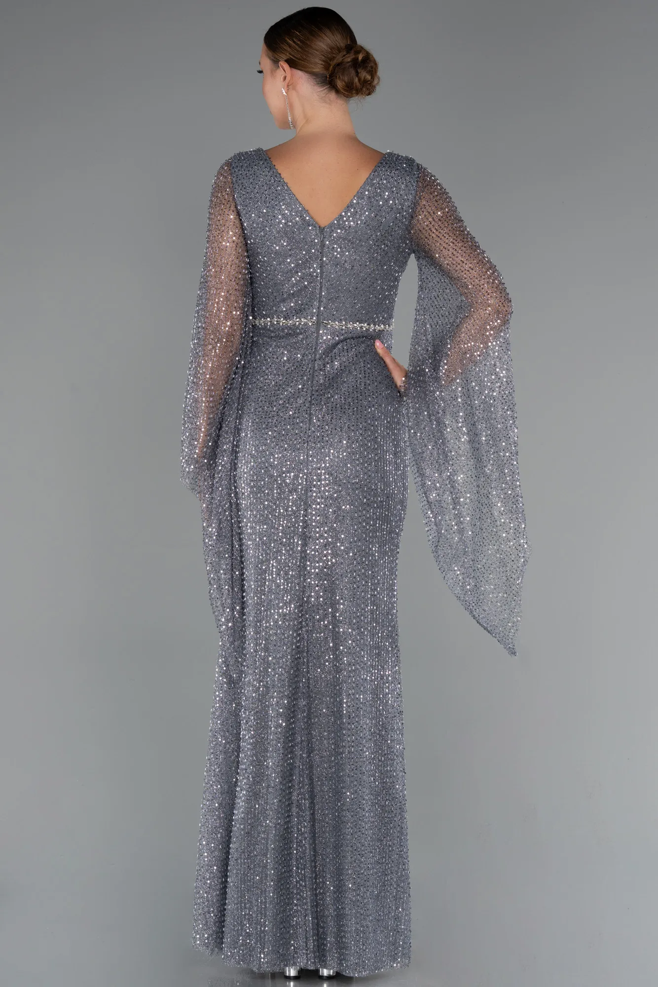 Anthracite-Long Beaded Evening Dress ABU5230