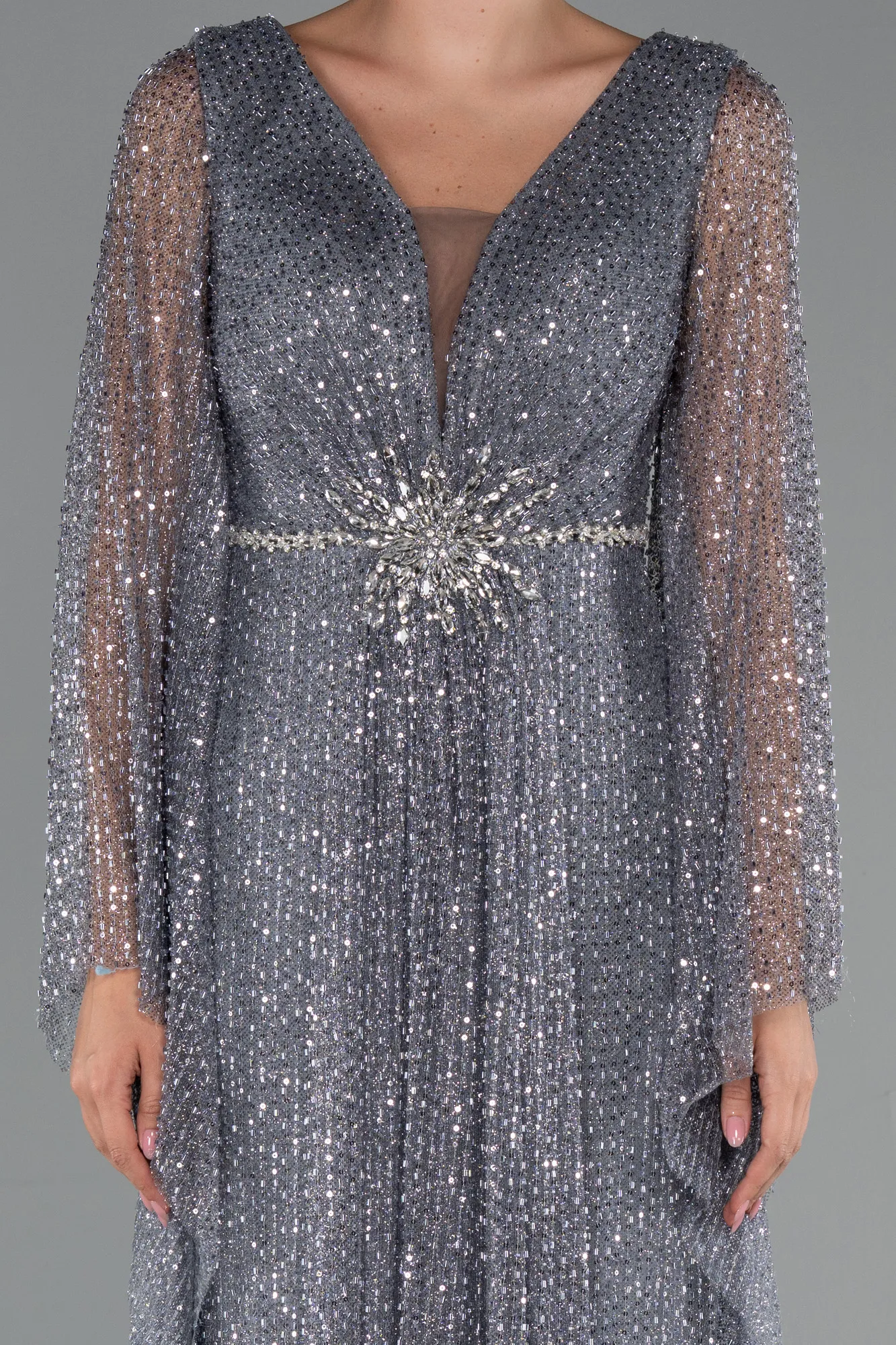 Anthracite-Long Beaded Evening Dress ABU5230