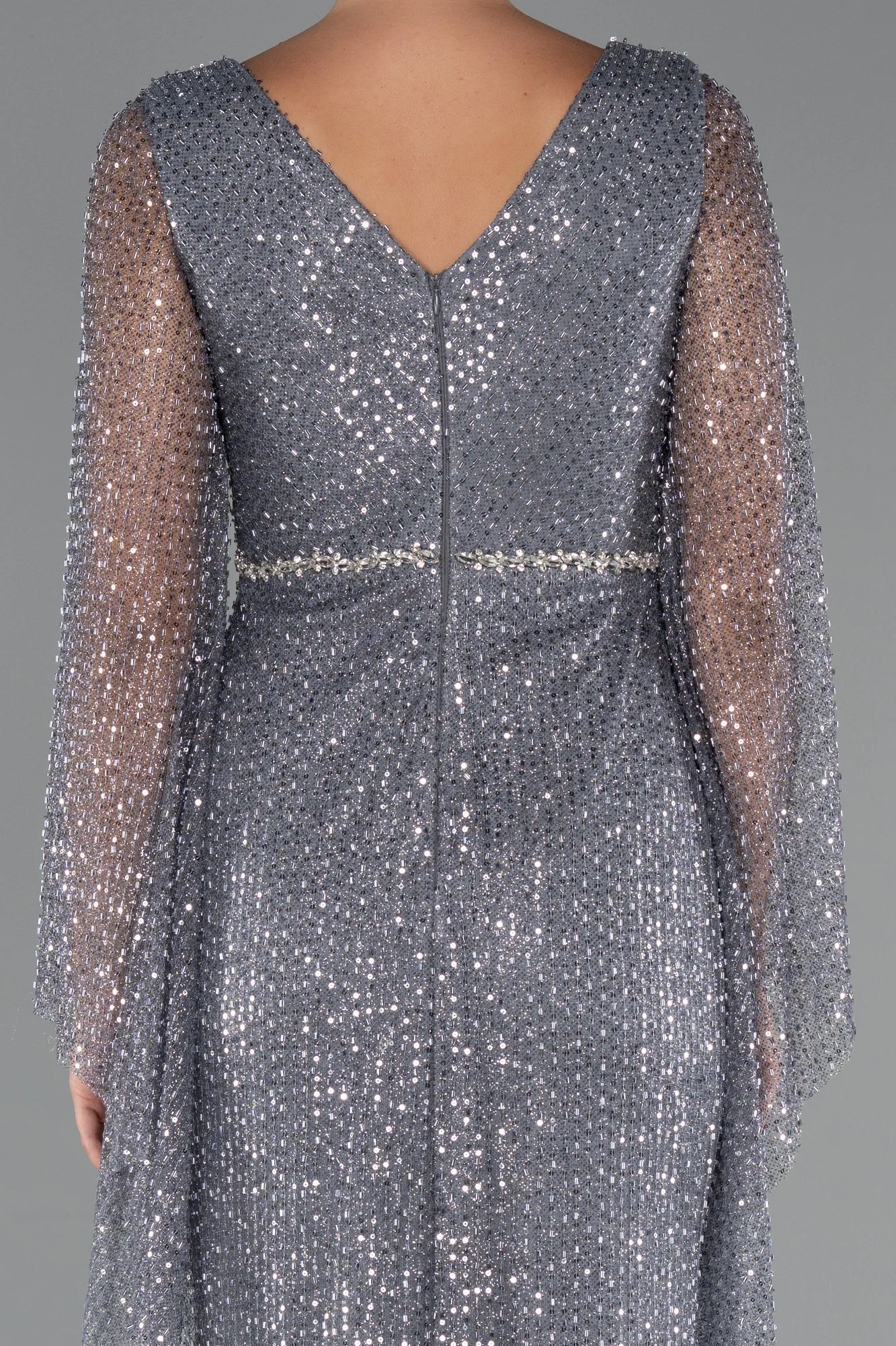 Anthracite-Long Beaded Evening Dress ABU5230