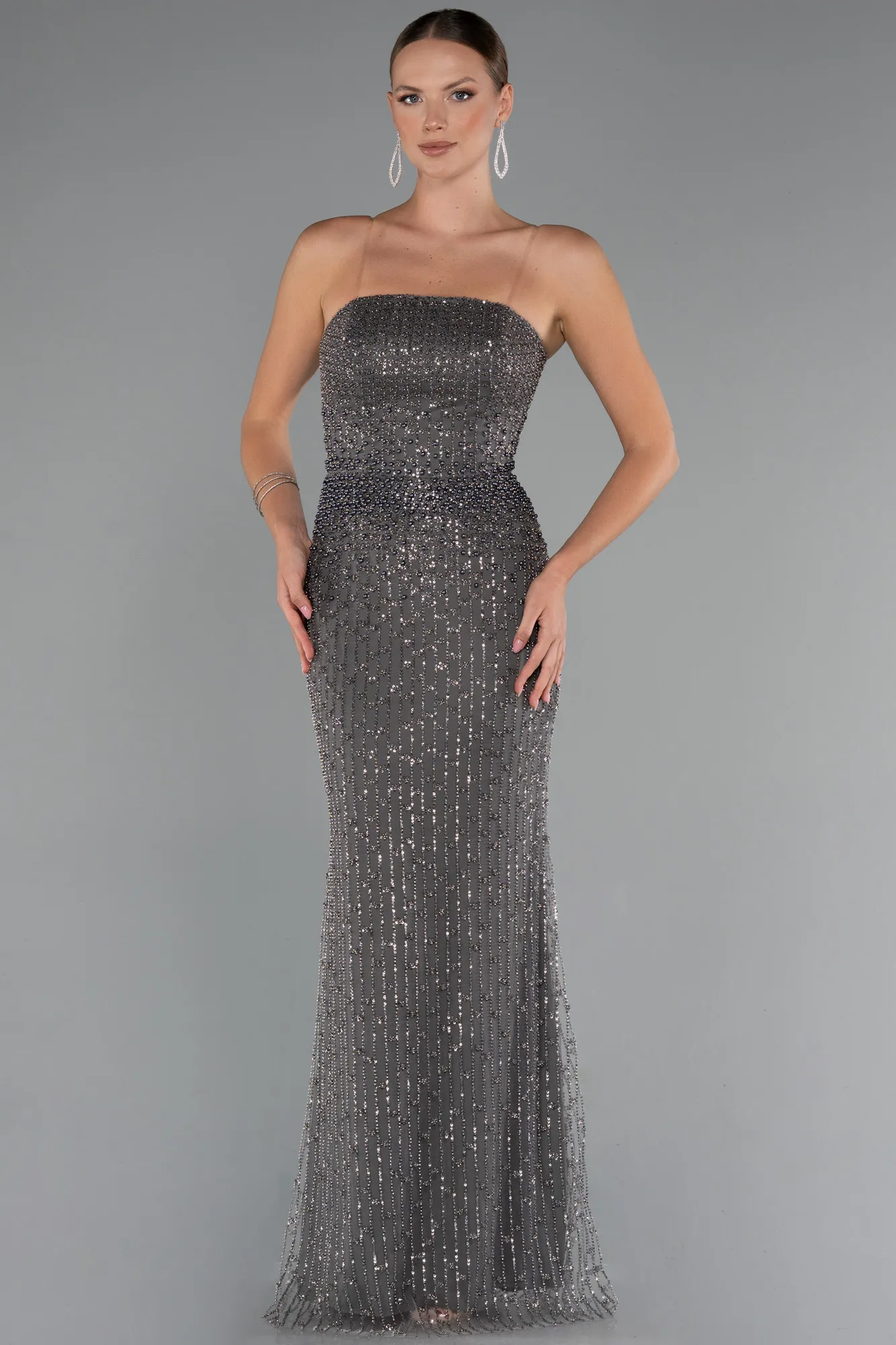 Anthracite-Long Beaded Evening Dress ABU5236