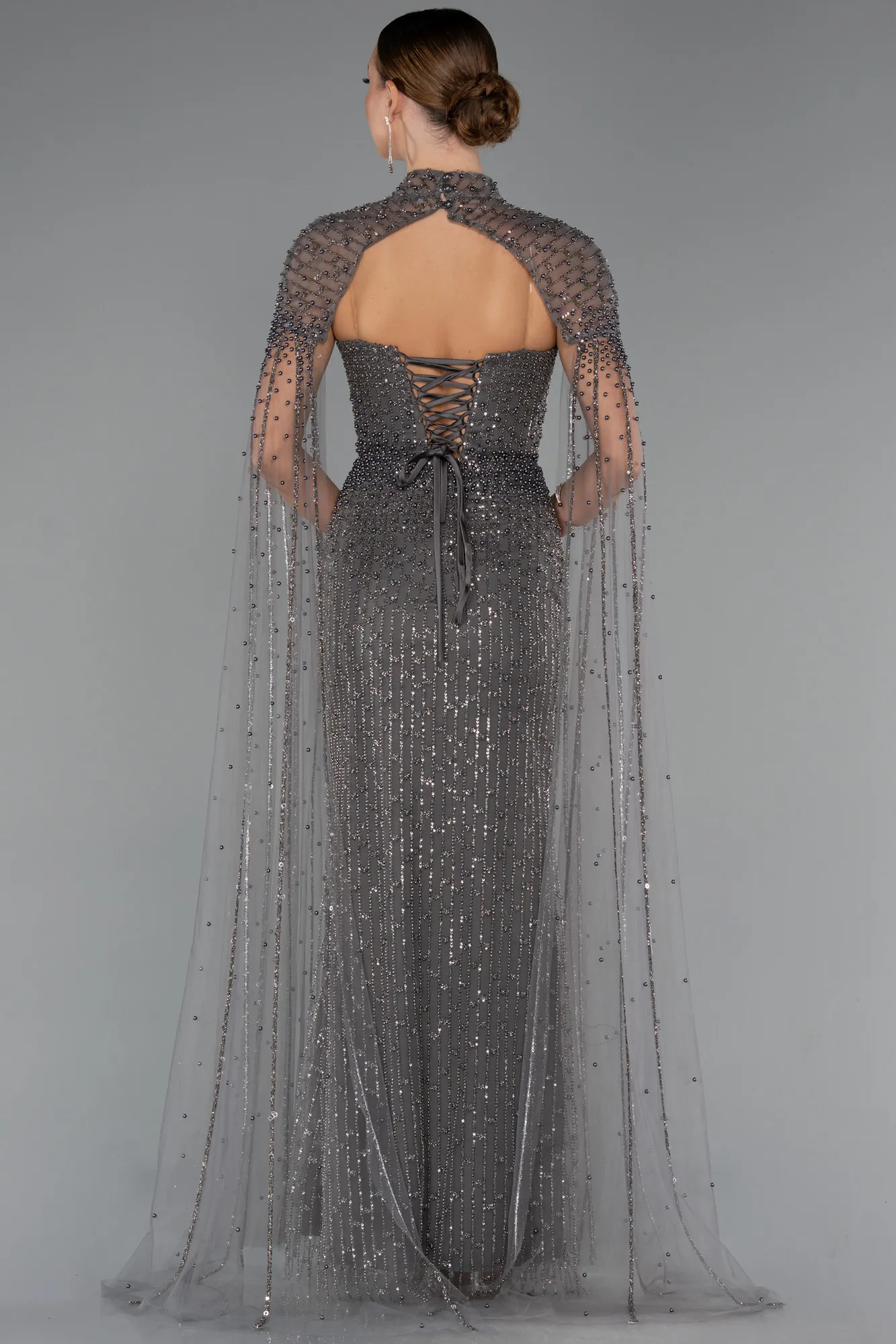 Anthracite-Long Beaded Evening Dress ABU5236