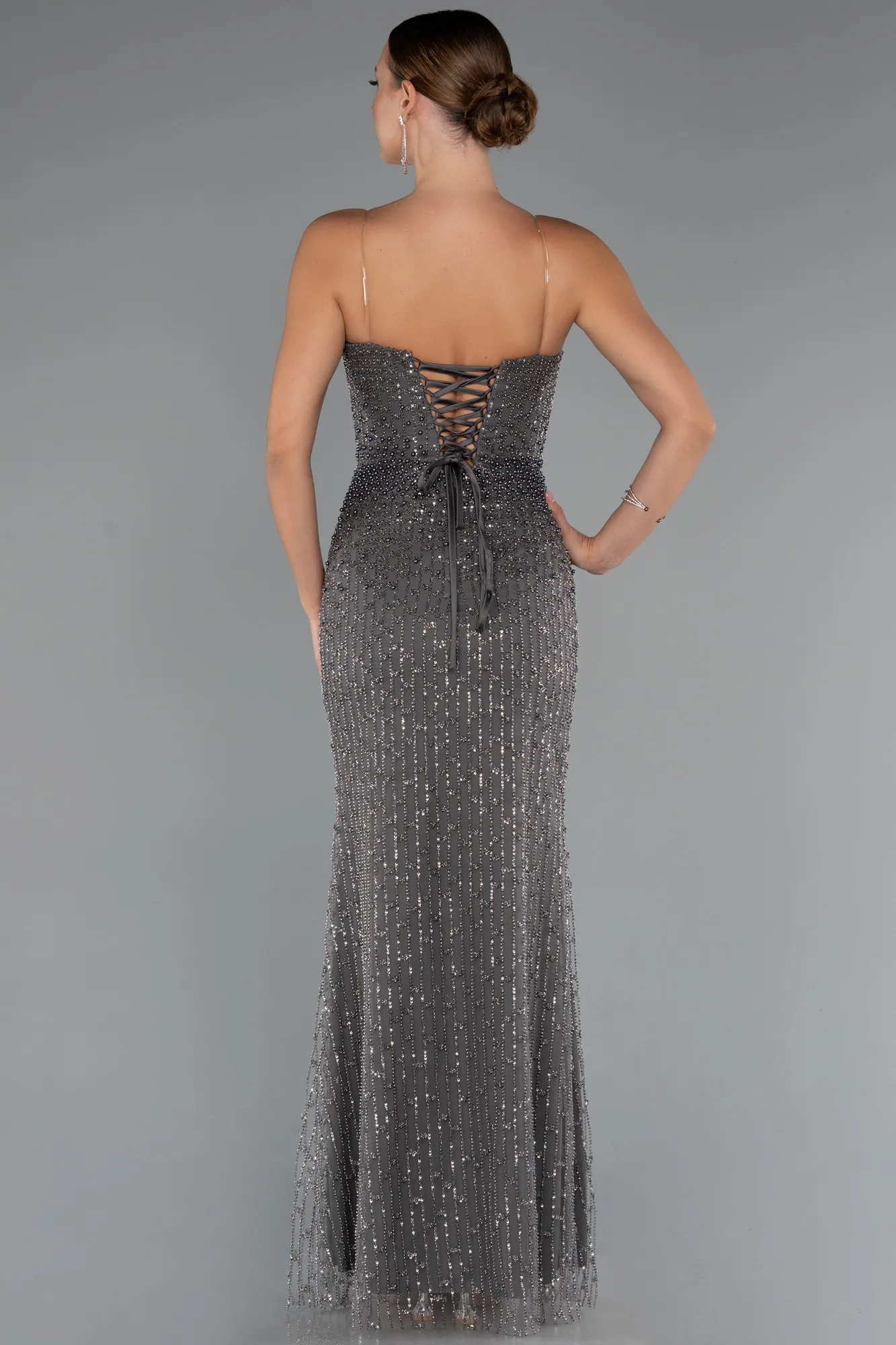 Anthracite-Long Beaded Evening Dress ABU5236