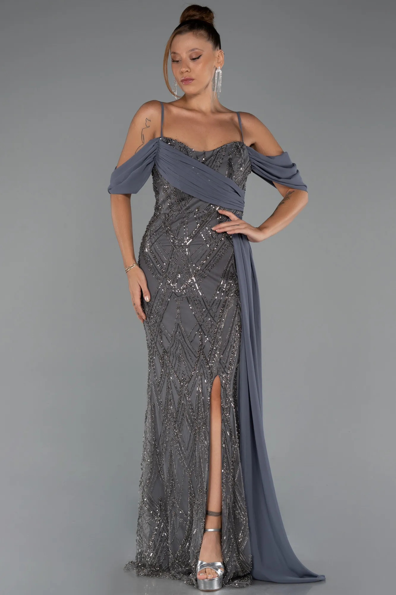 Anthracite-Long Beaded Evening Dress ABU5316