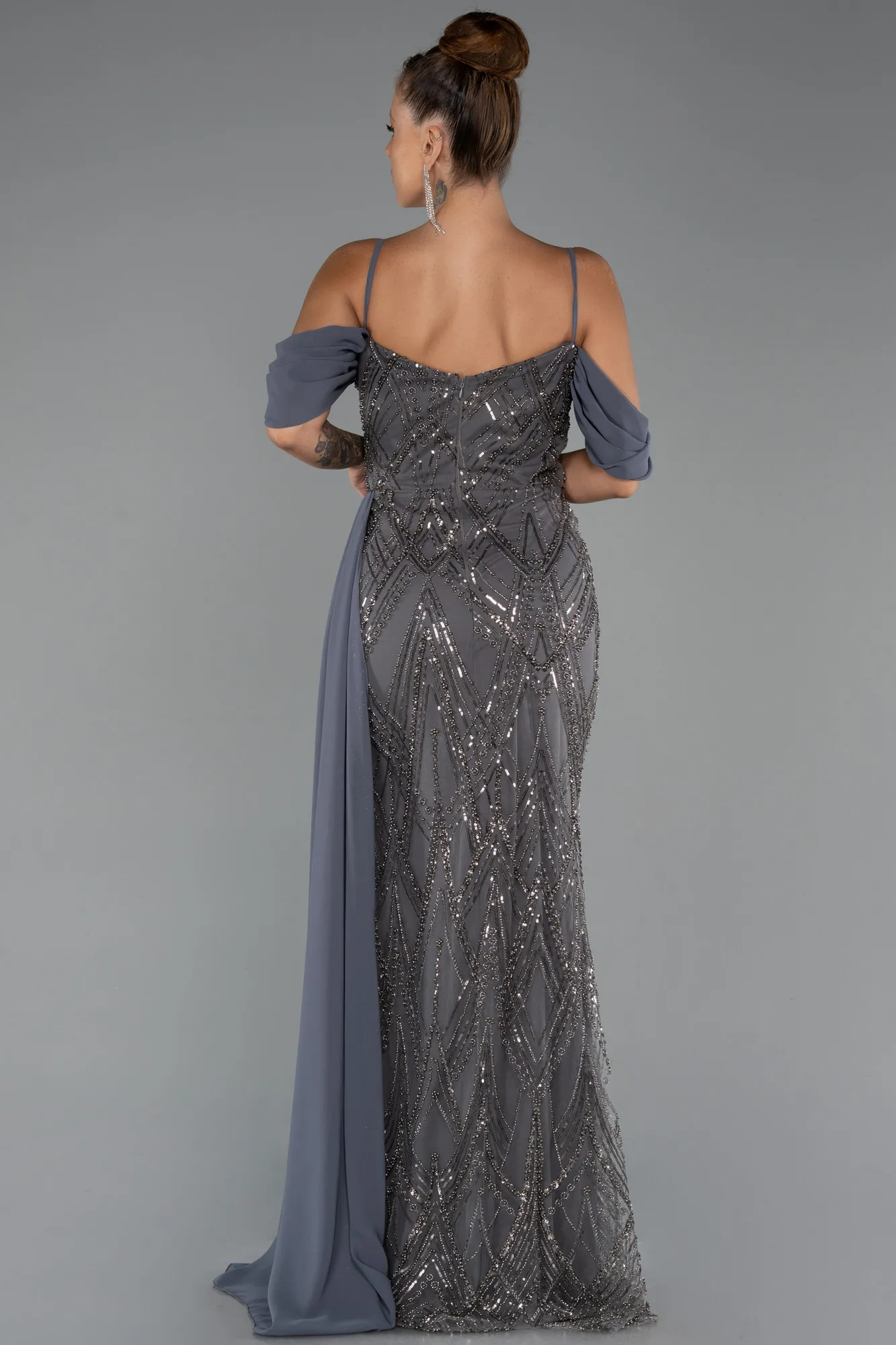 Anthracite-Long Beaded Evening Dress ABU5316