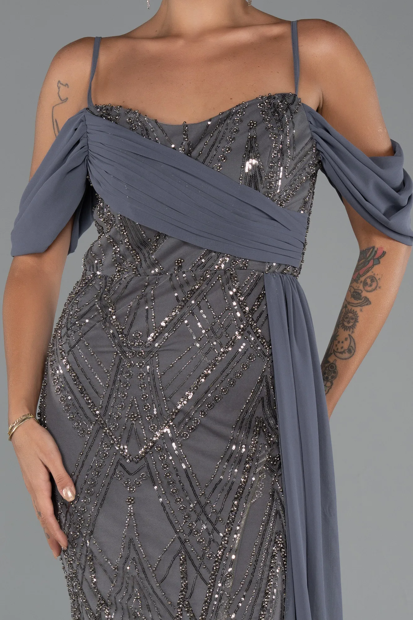 Anthracite-Long Beaded Evening Dress ABU5316