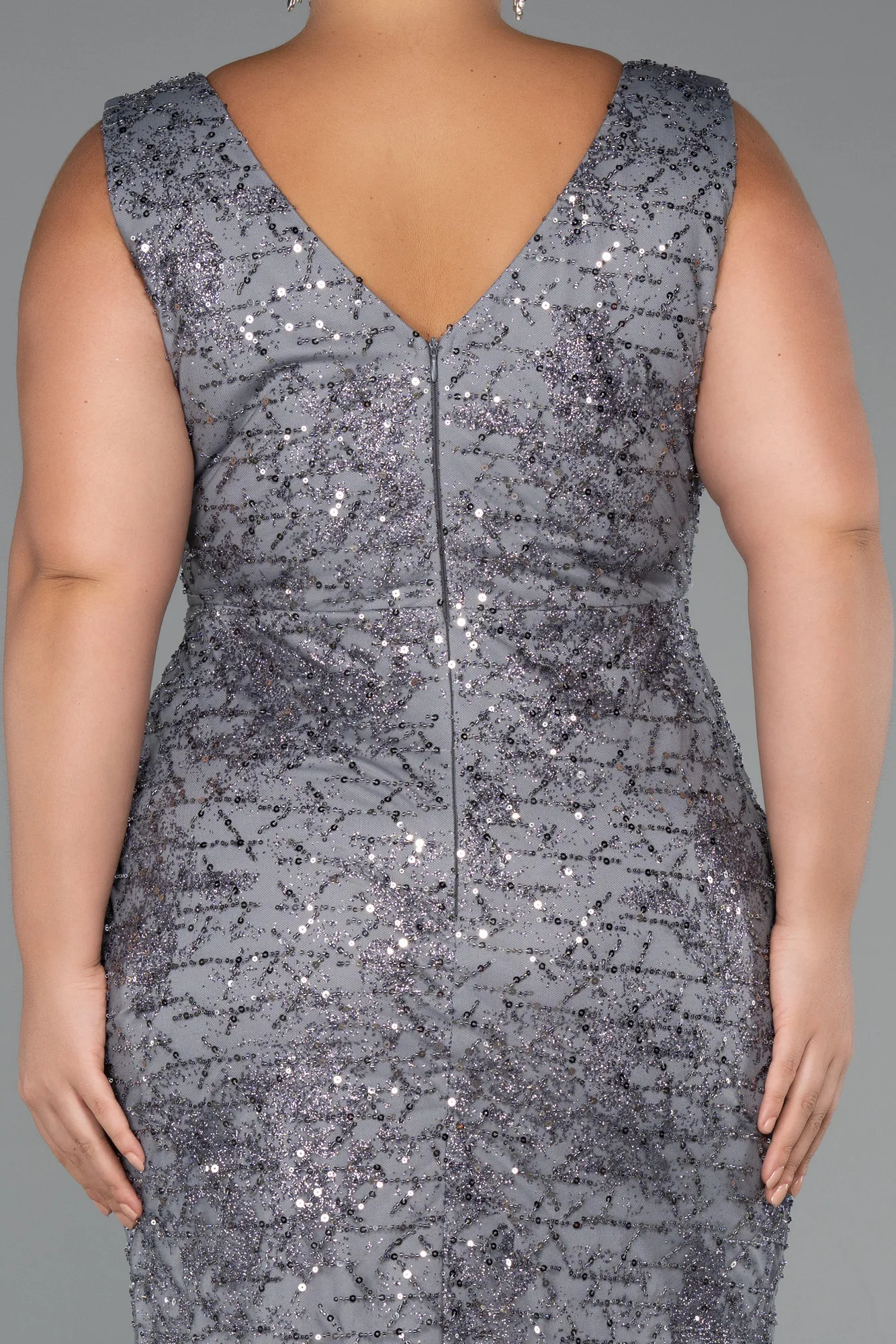 Anthracite-Long Beaded Formal Plus Size Dress ABU5190
