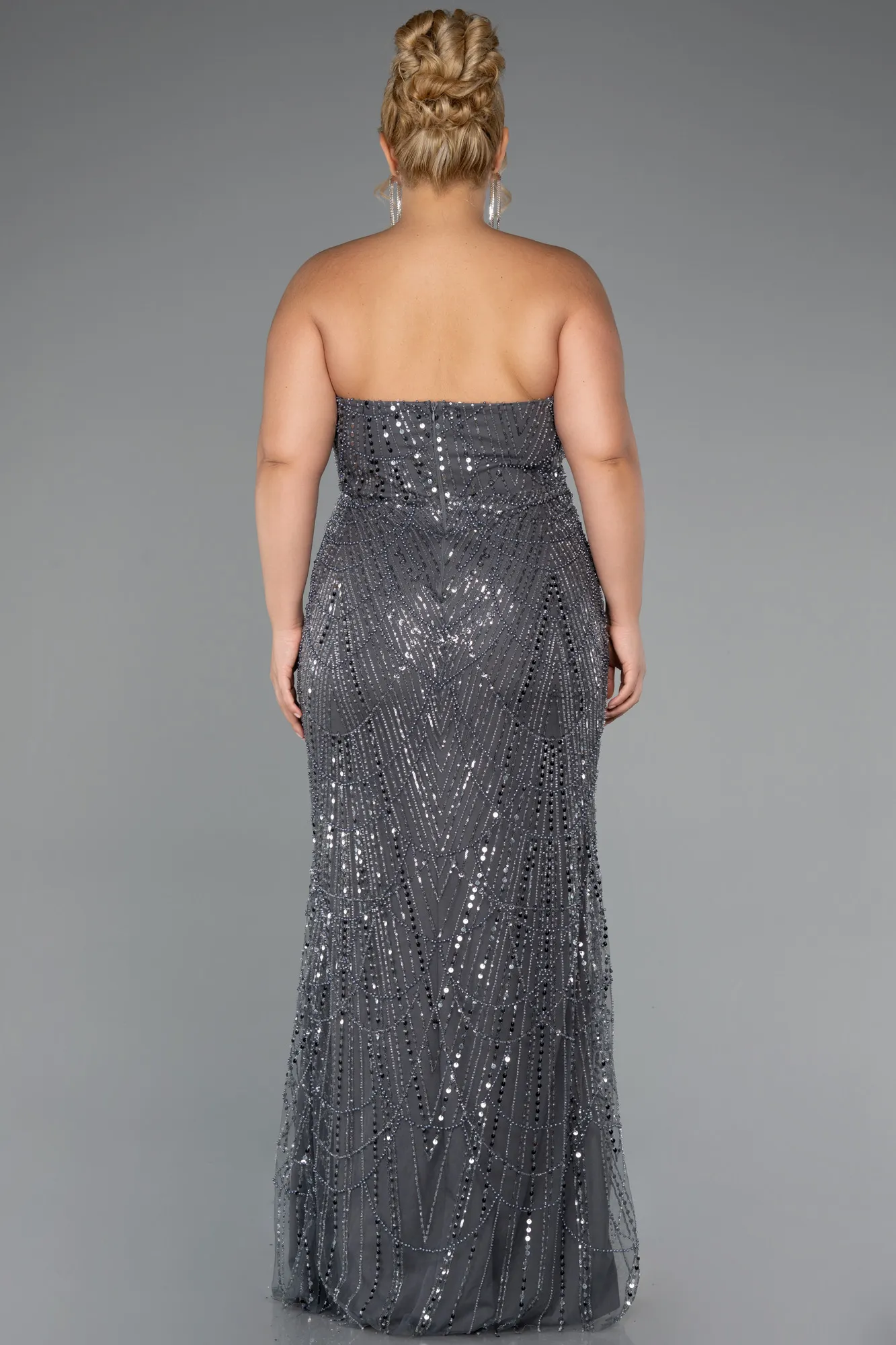 Anthracite-Long Beaded Plus Size Wedding Dress ABU5328