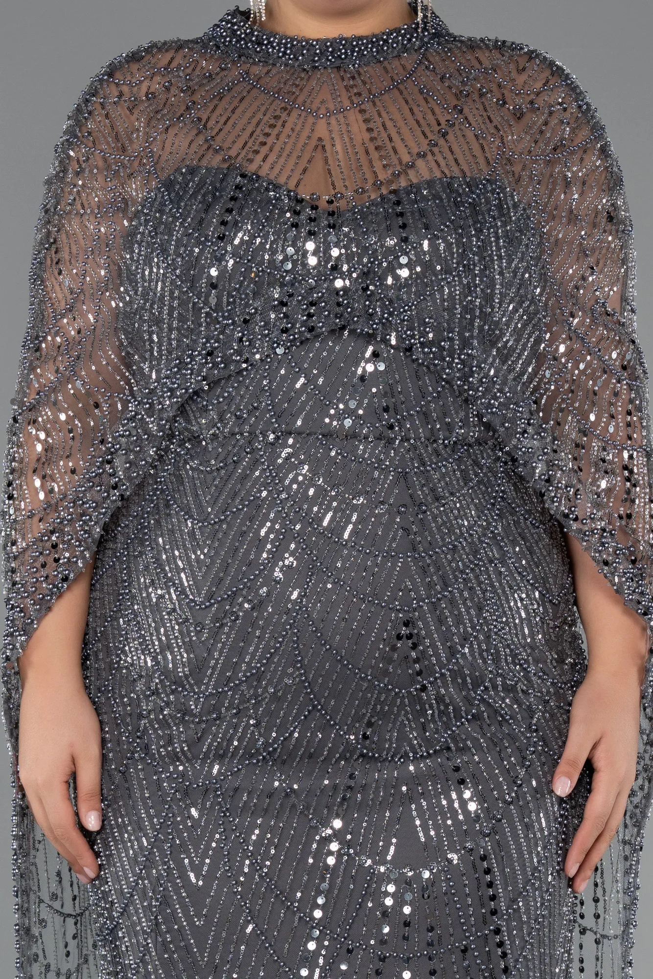 Anthracite-Long Beaded Plus Size Wedding Dress ABU5328