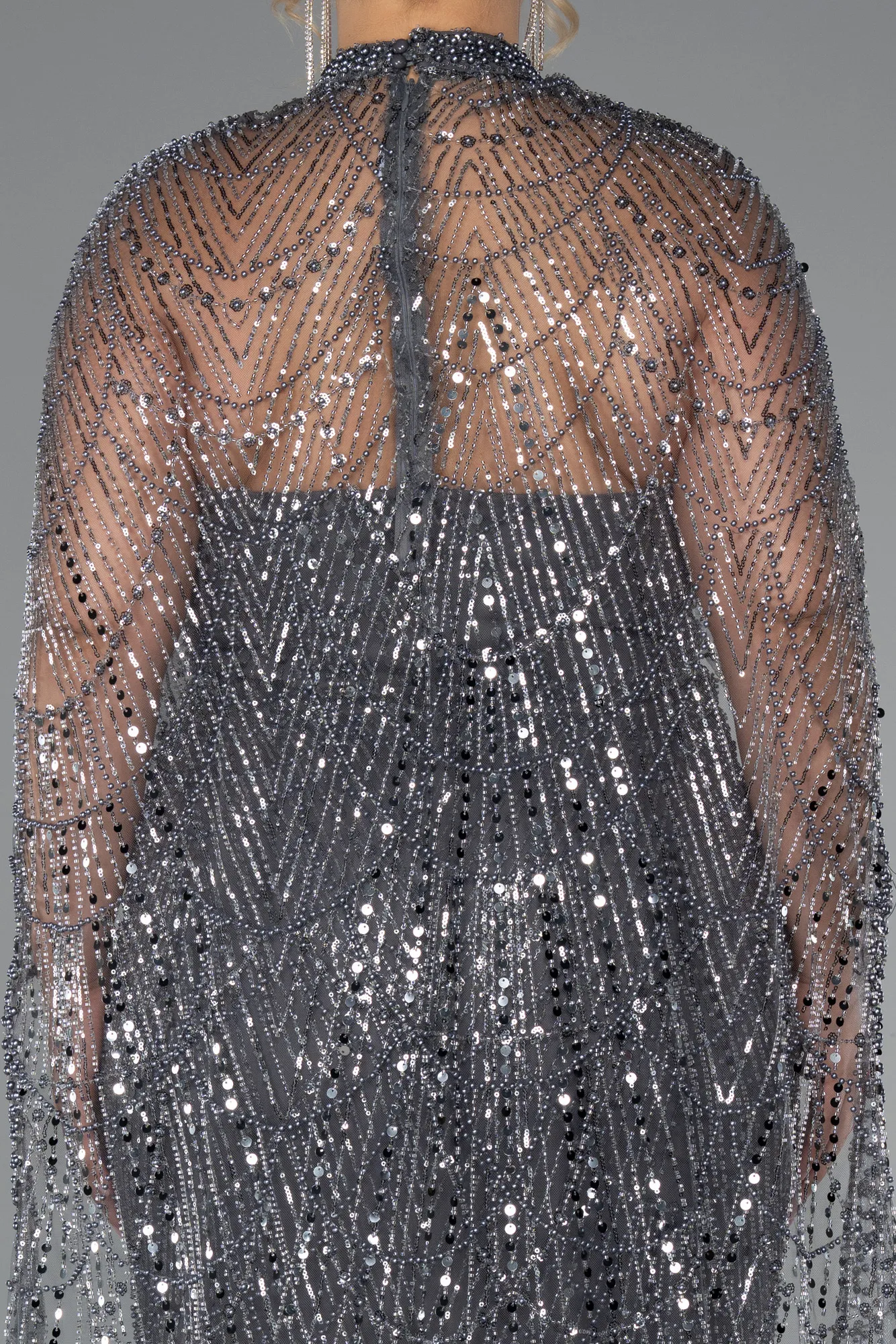 Anthracite-Long Beaded Plus Size Wedding Dress ABU5328