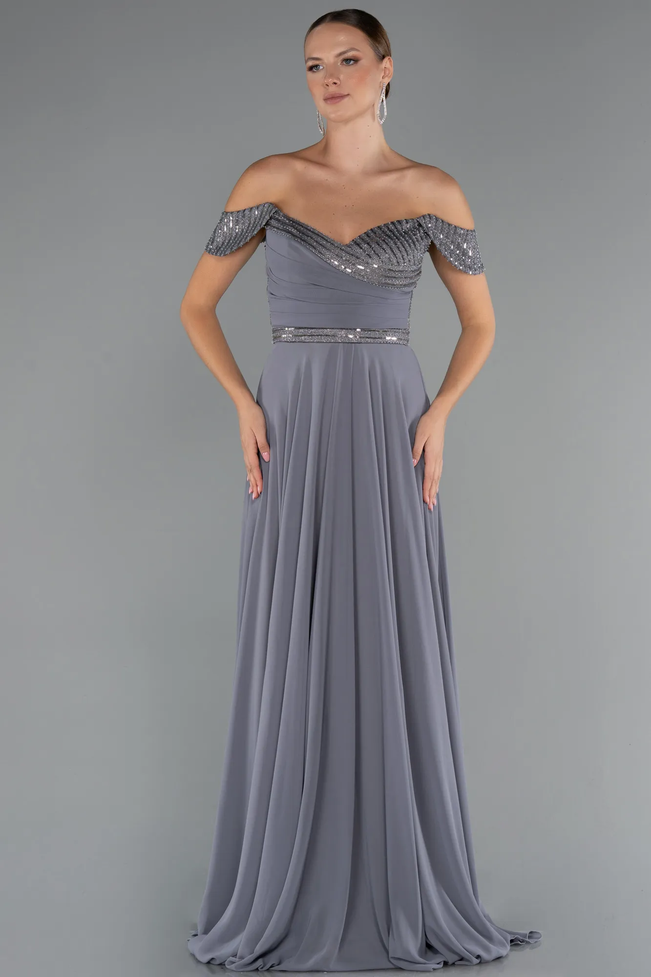 Anthracite-Long Chiffon Evening Dress ABU5225