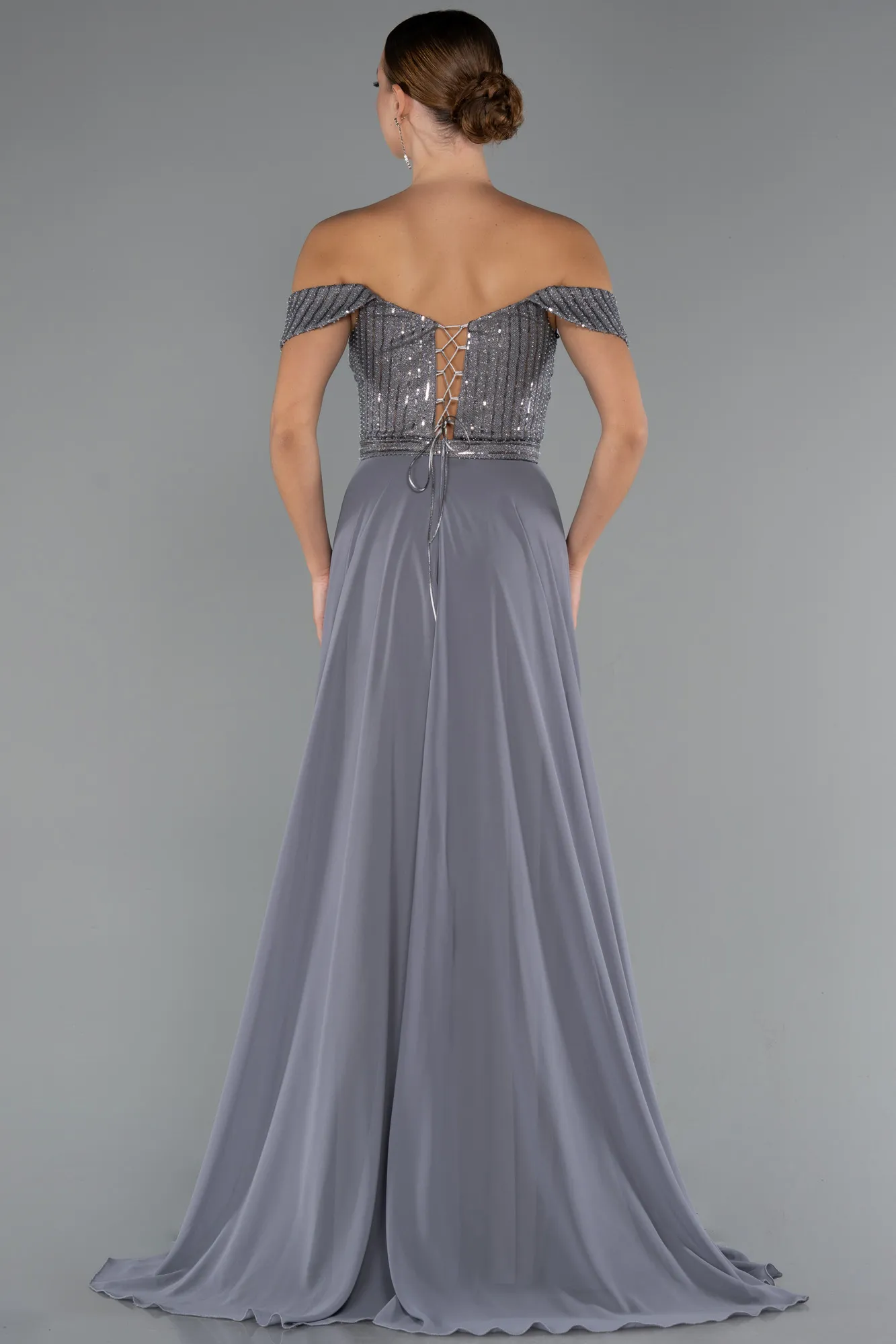 Anthracite-Long Chiffon Evening Dress ABU5225