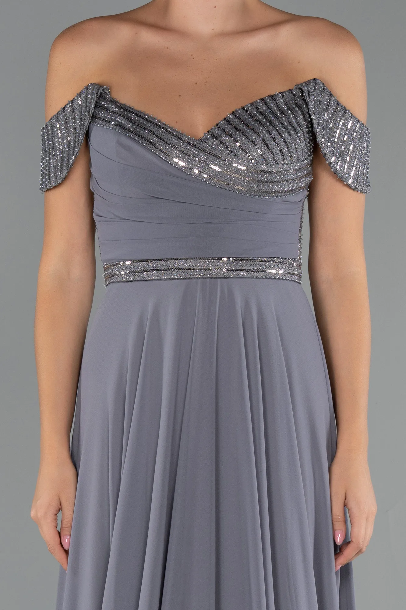 Anthracite-Long Chiffon Evening Dress ABU5225