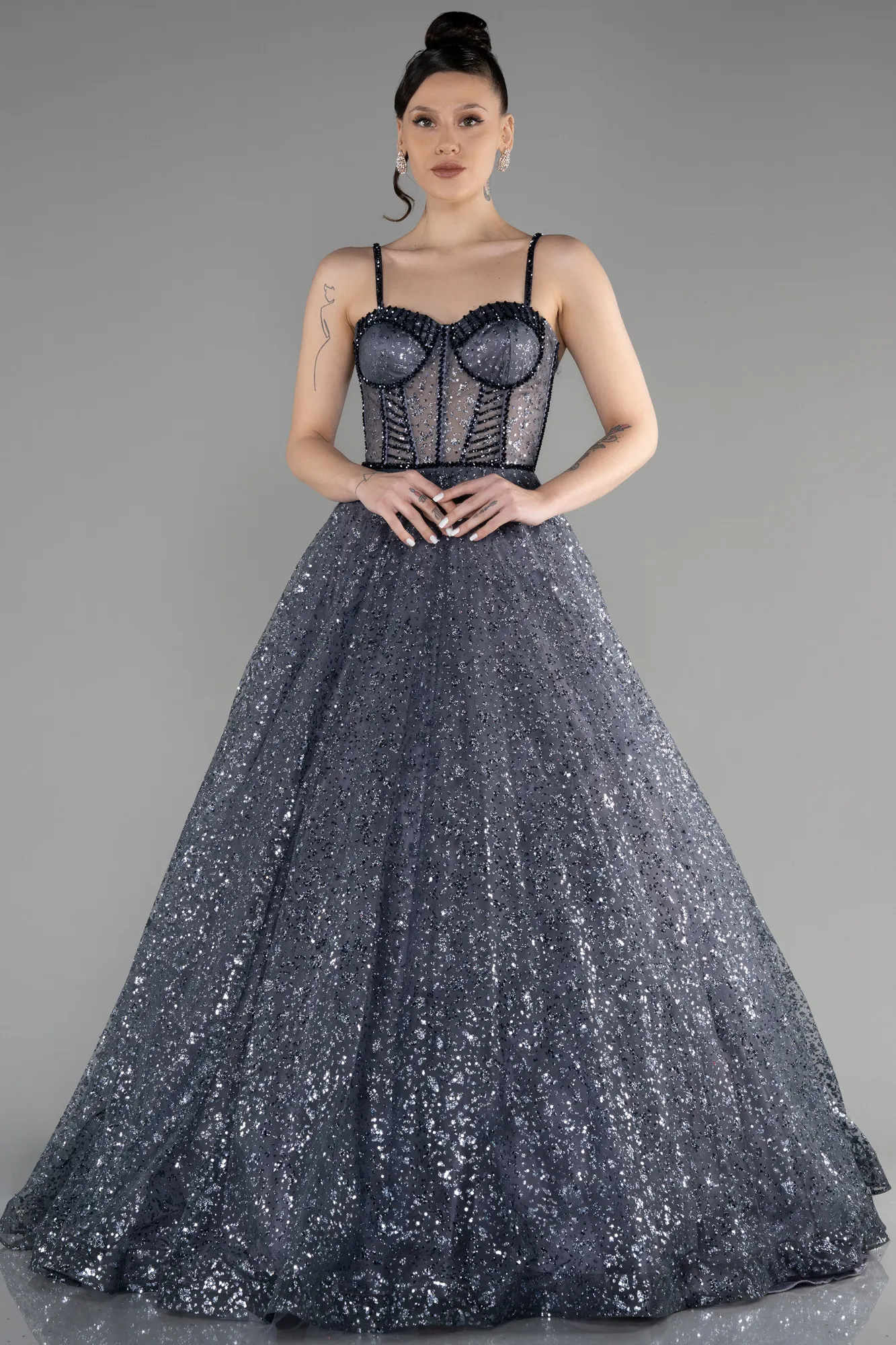 Anthracite-Long Haute Couture Dress ABU3556