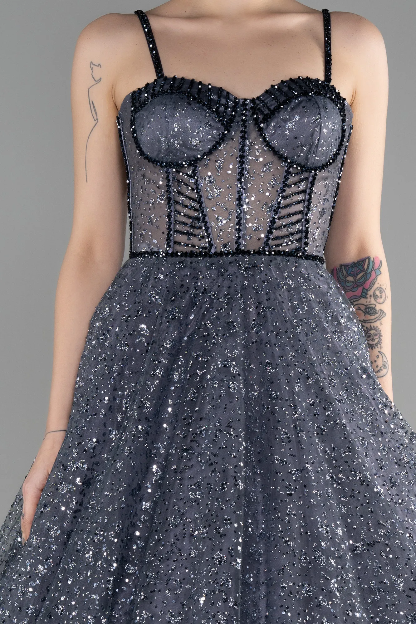 Anthracite-Long Haute Couture Dress ABU3556