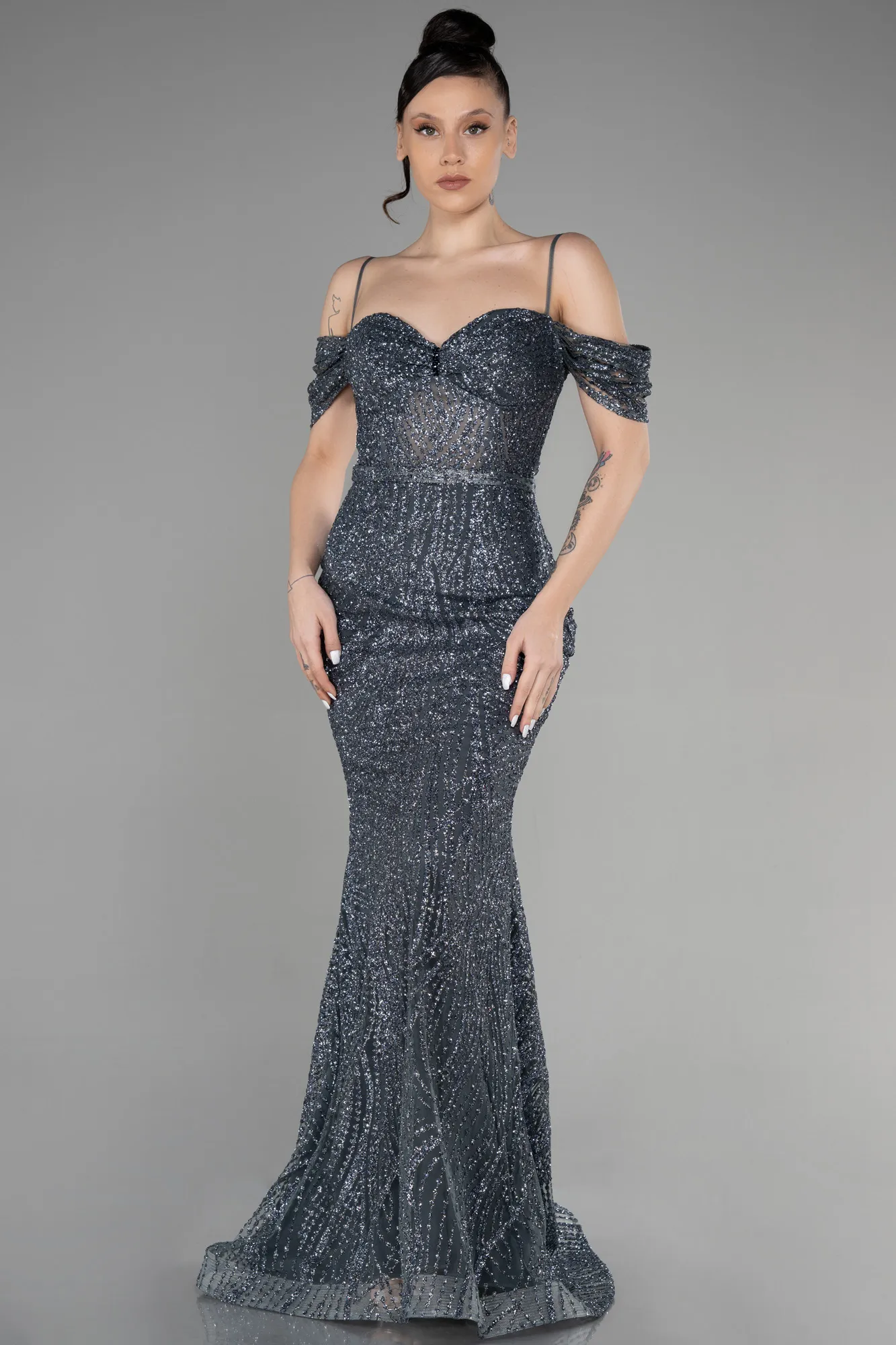 Anthracite-Long Mermaid Evening Dress ABU3527