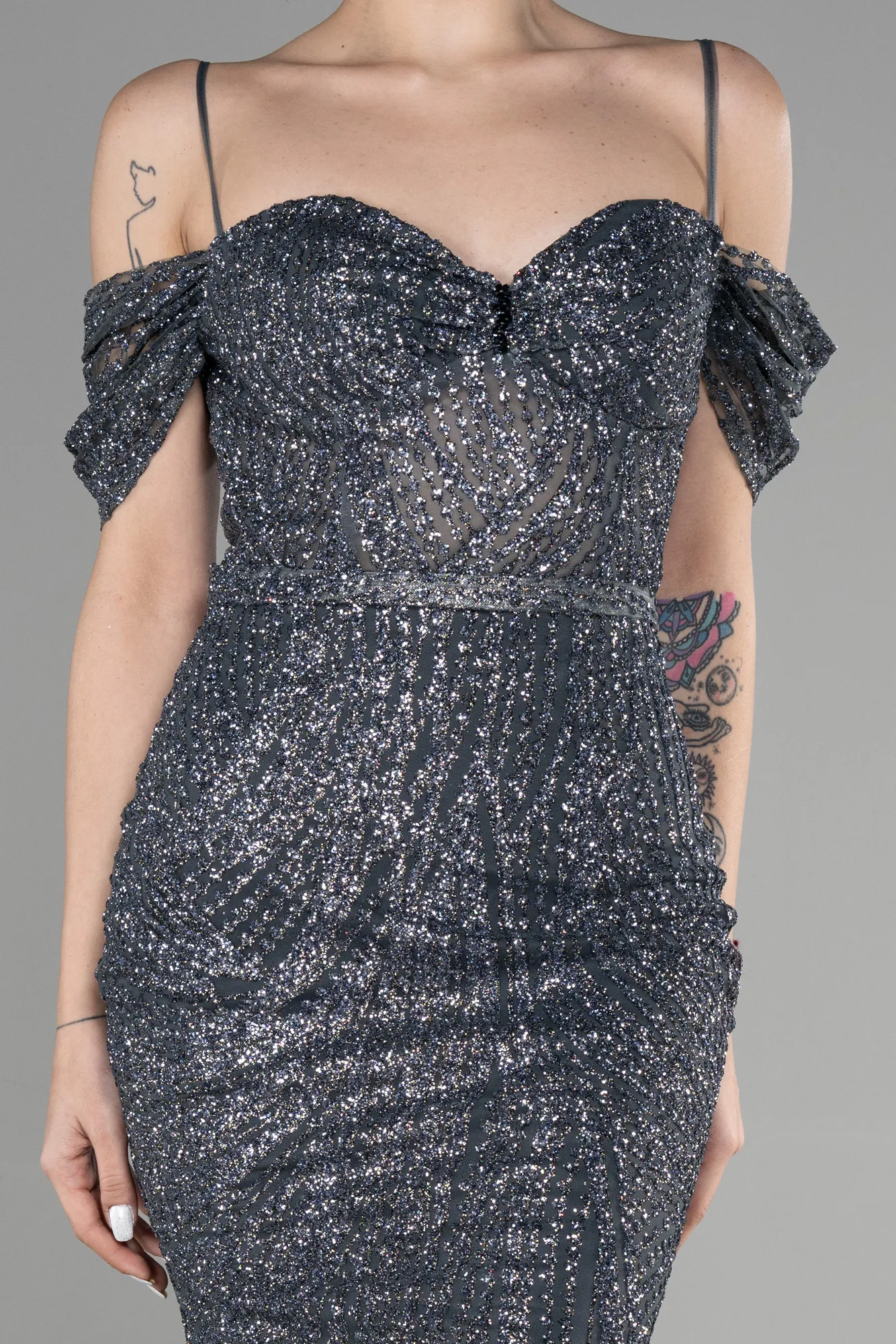 Anthracite-Long Mermaid Evening Dress ABU3527