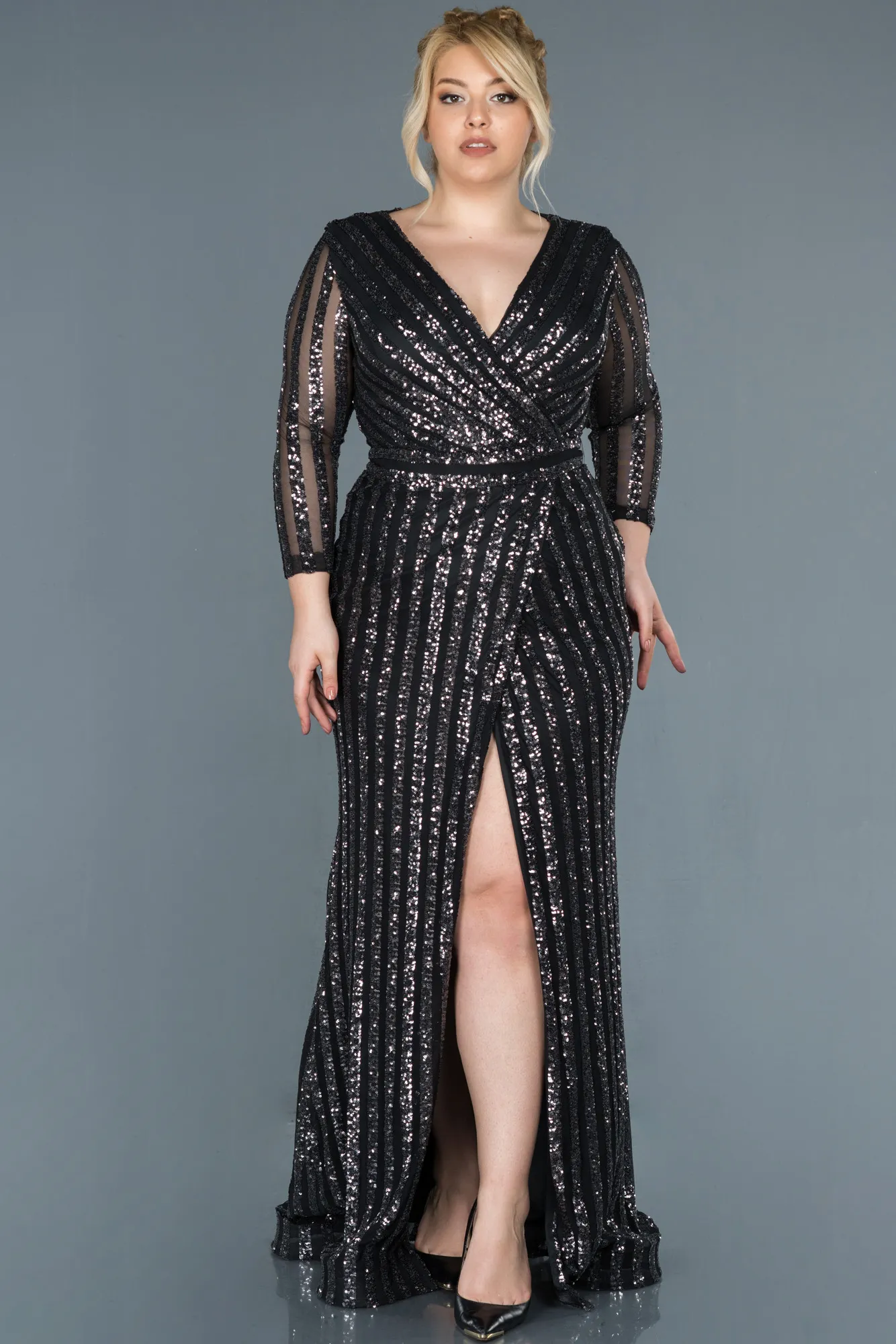 Anthracite-Long Oversized Mermaid Evening Dress ABU1043