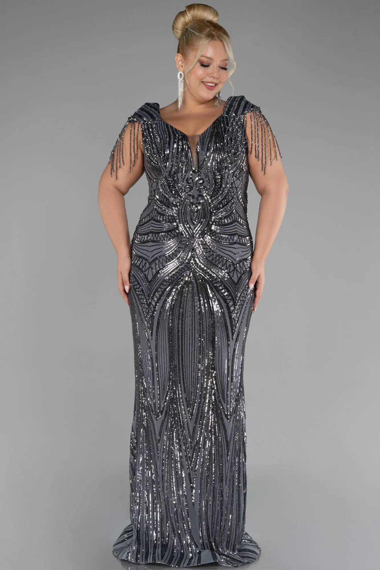 Anthracite-Beaded Detailed V Neck Evening Gown ABU3730