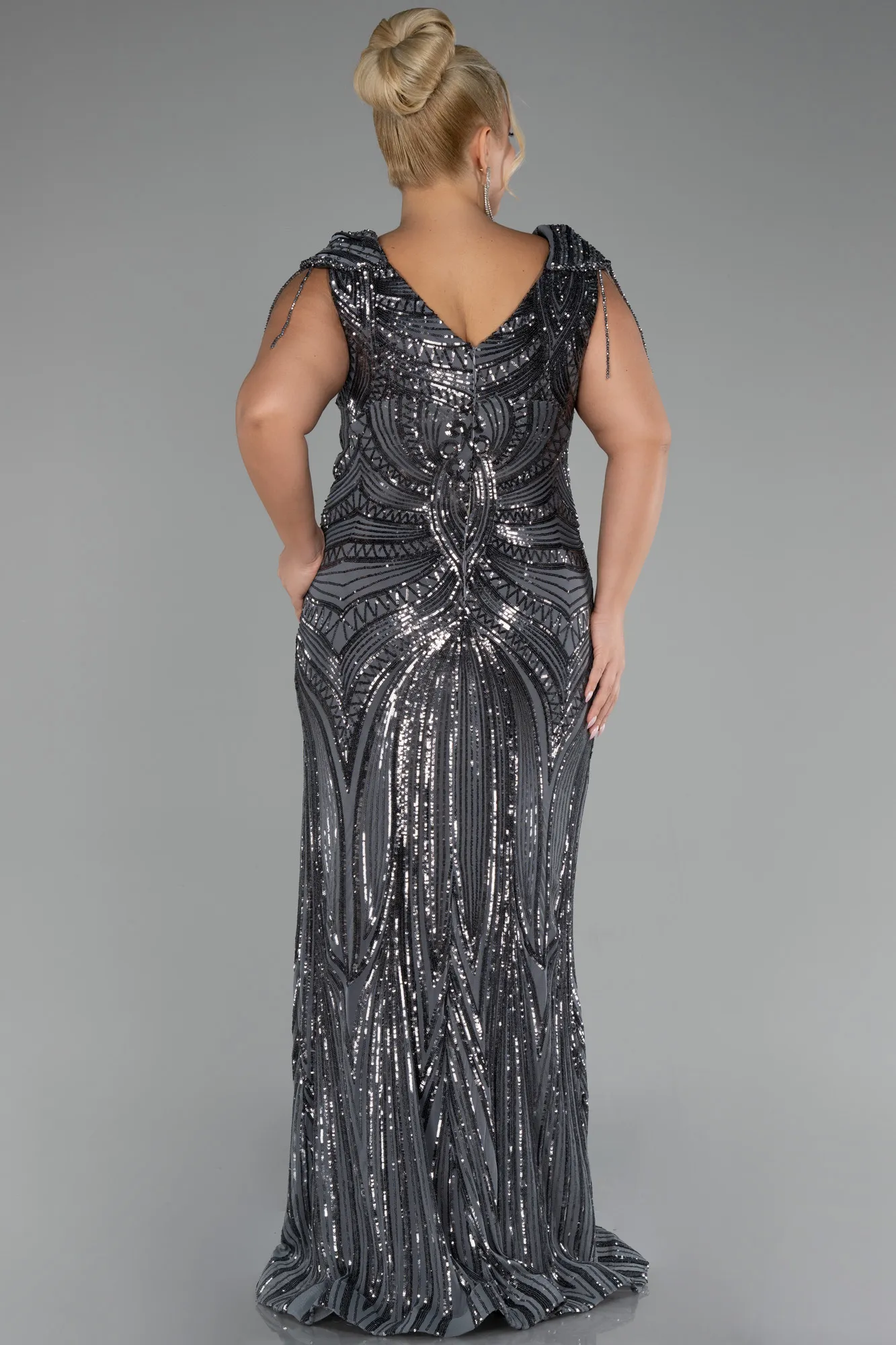 Anthracite-Beaded Detailed V Neck Evening Gown ABU3730