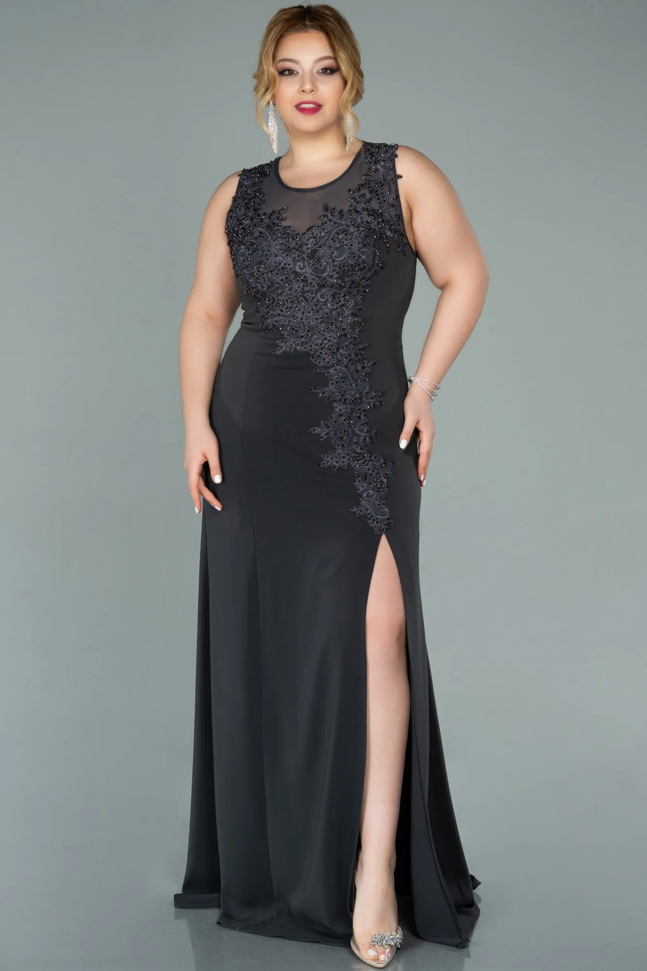 Anthracite-Long Plus Size Evening Dress ABU1870