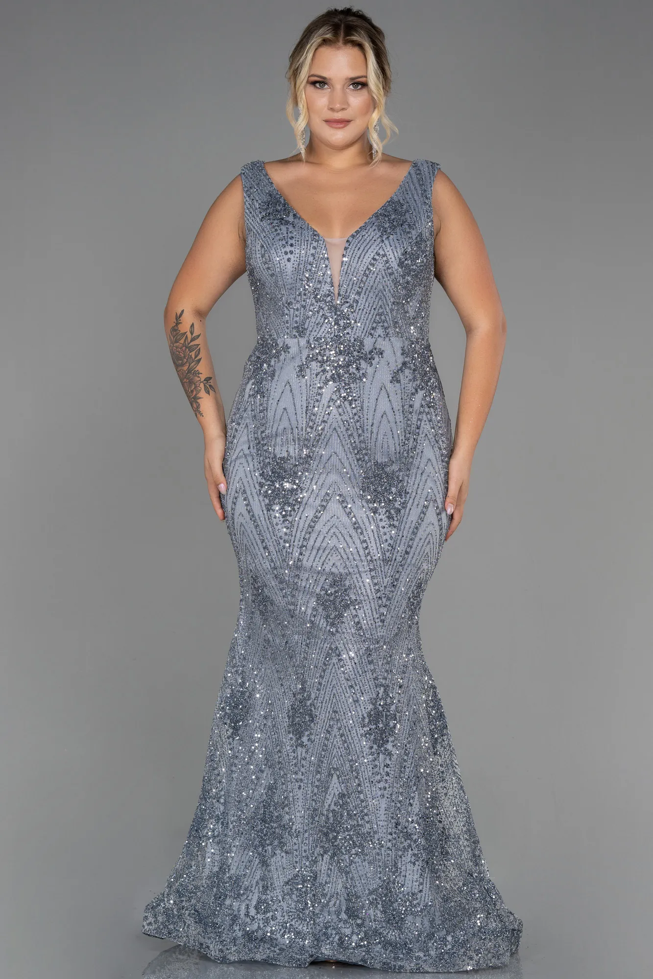 Anthracite-Long Plus Size Evening Dress ABU3214