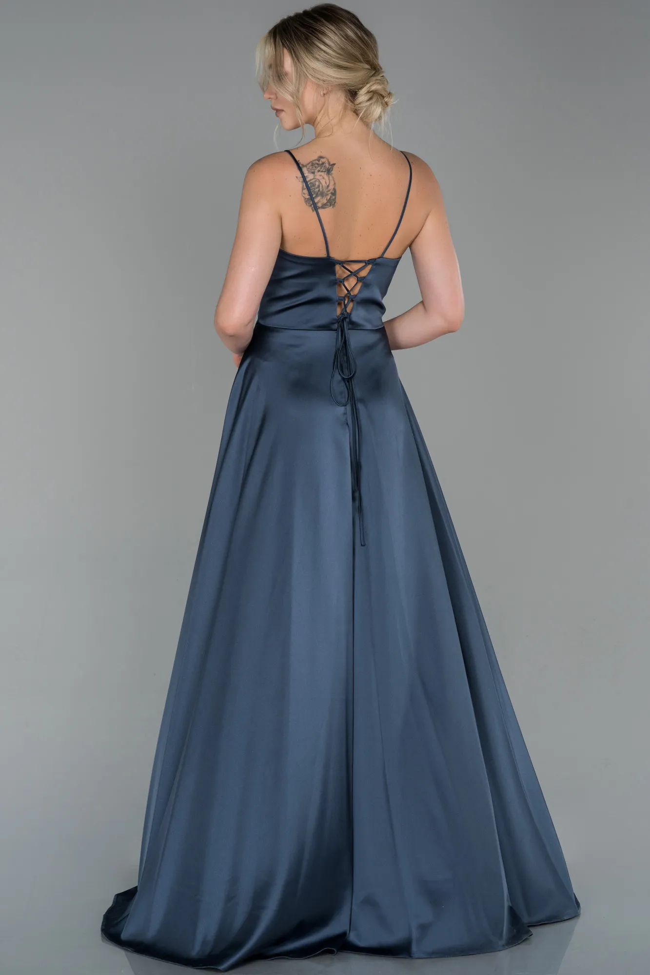 Anthracite-Long Satin Evening Dress ABU1458