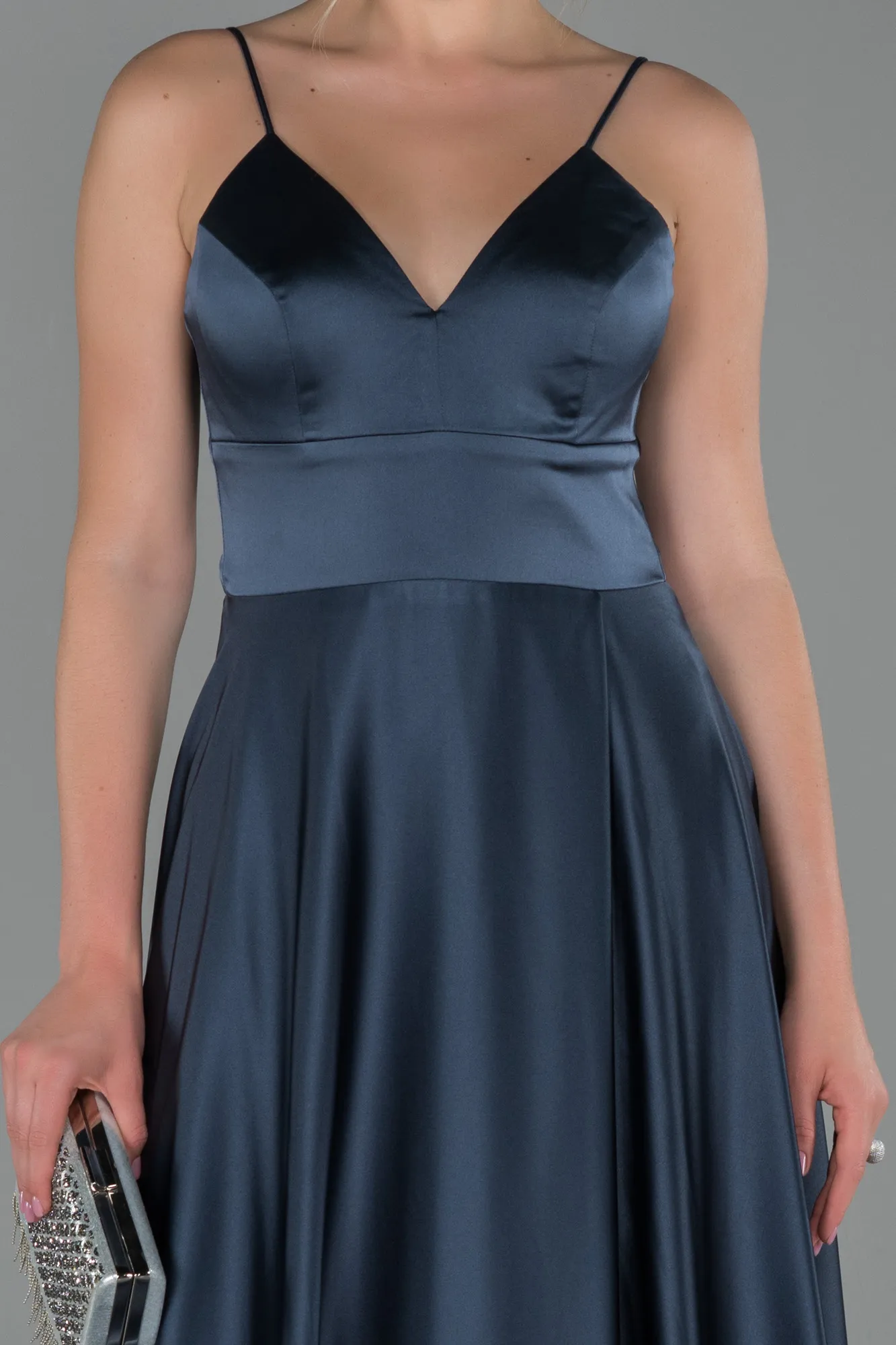 Anthracite-Long Satin Evening Dress ABU1458