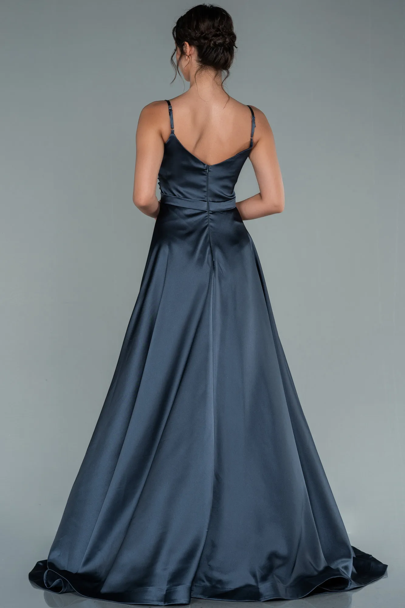 Anthracite-Long Satin Evening Dress ABU1601
