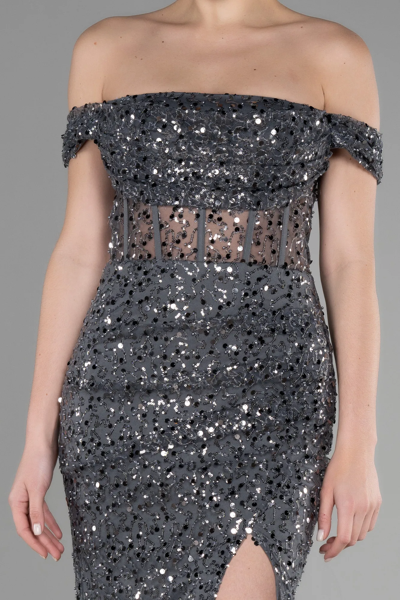 Anthracite-Long Scaly Evening Dress ABU3498