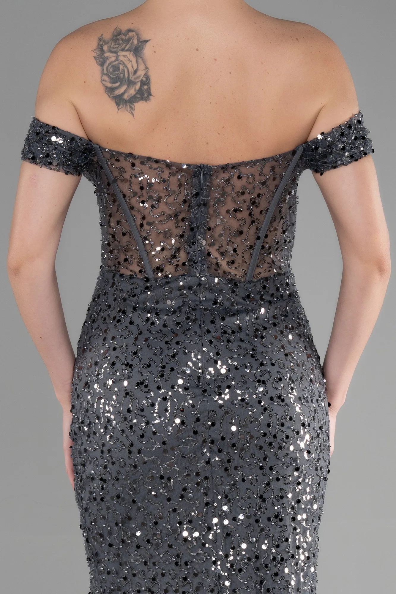 Anthracite-Long Scaly Evening Dress ABU3498