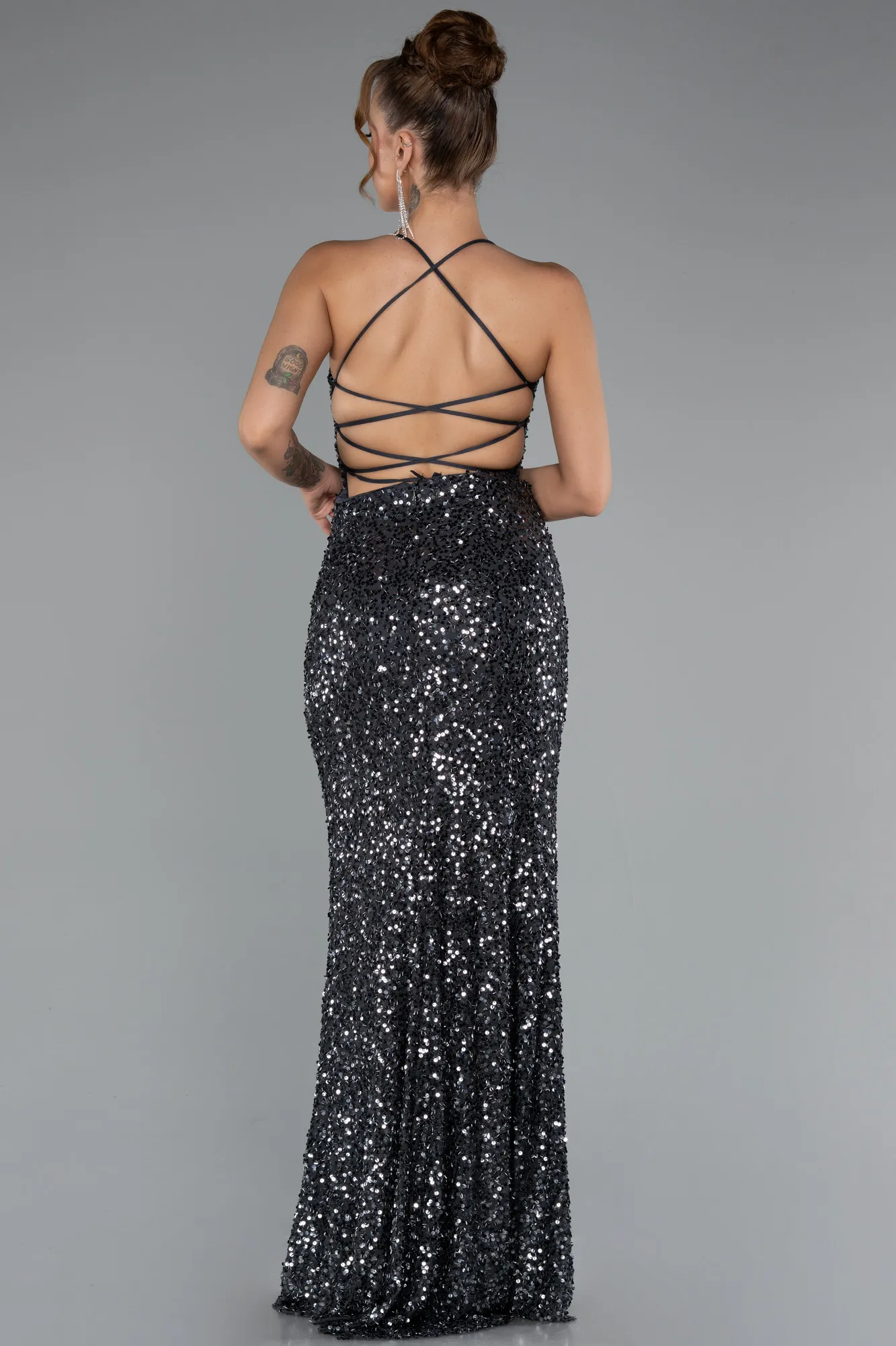 Anthracite-Long Scaly Evening Dress ABU5106