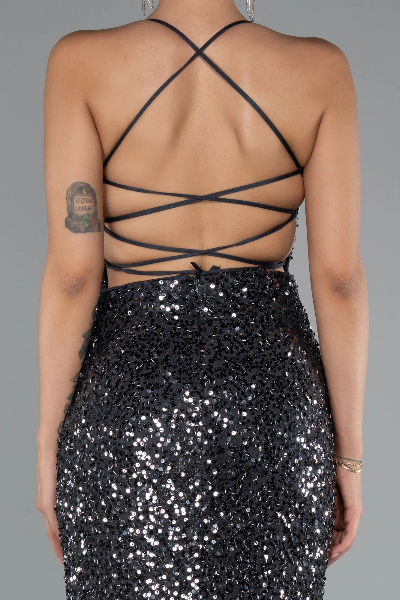 Anthracite-Long Scaly Evening Dress ABU5106