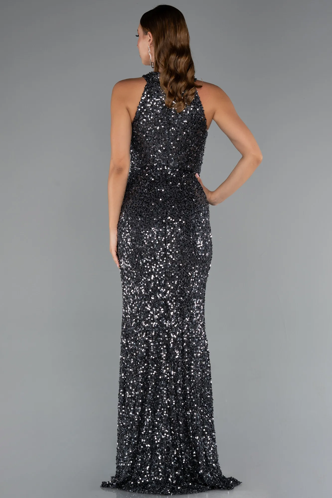 Anthracite-Long Scaly Evening Dress ABU5135