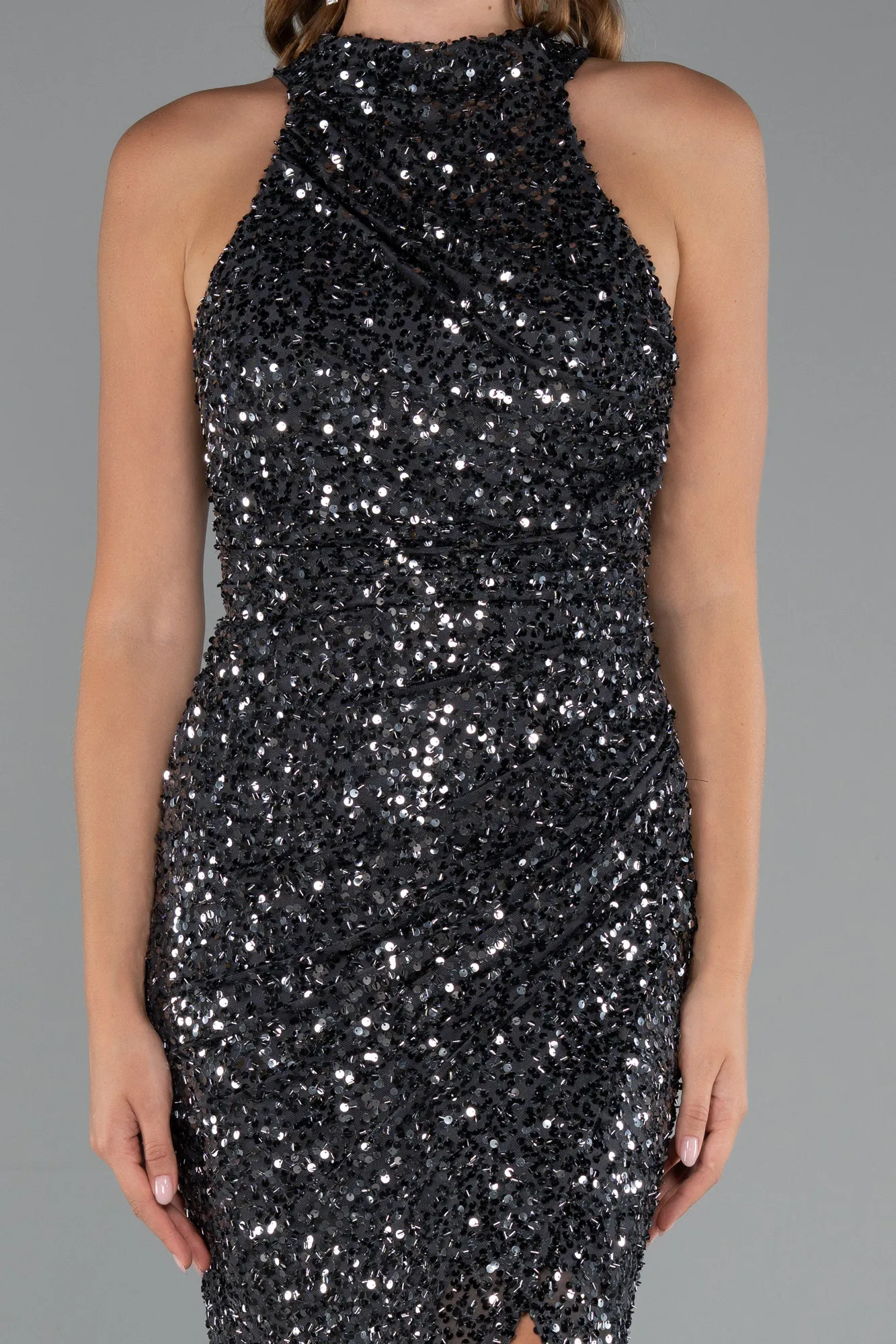 Anthracite-Long Scaly Evening Dress ABU5135