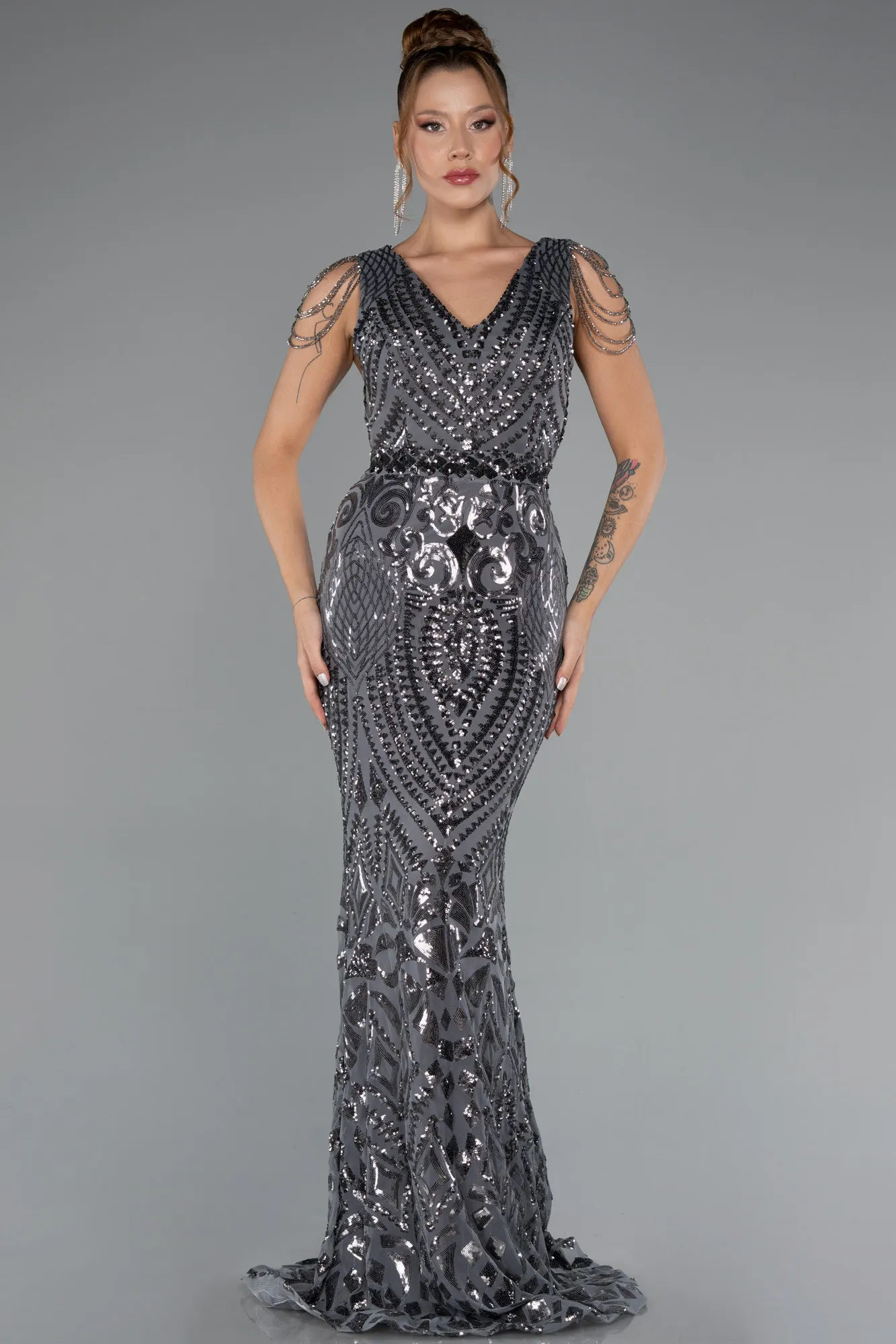 Anthracite-Long Scaly Mermaid Evening Dress ABU3842