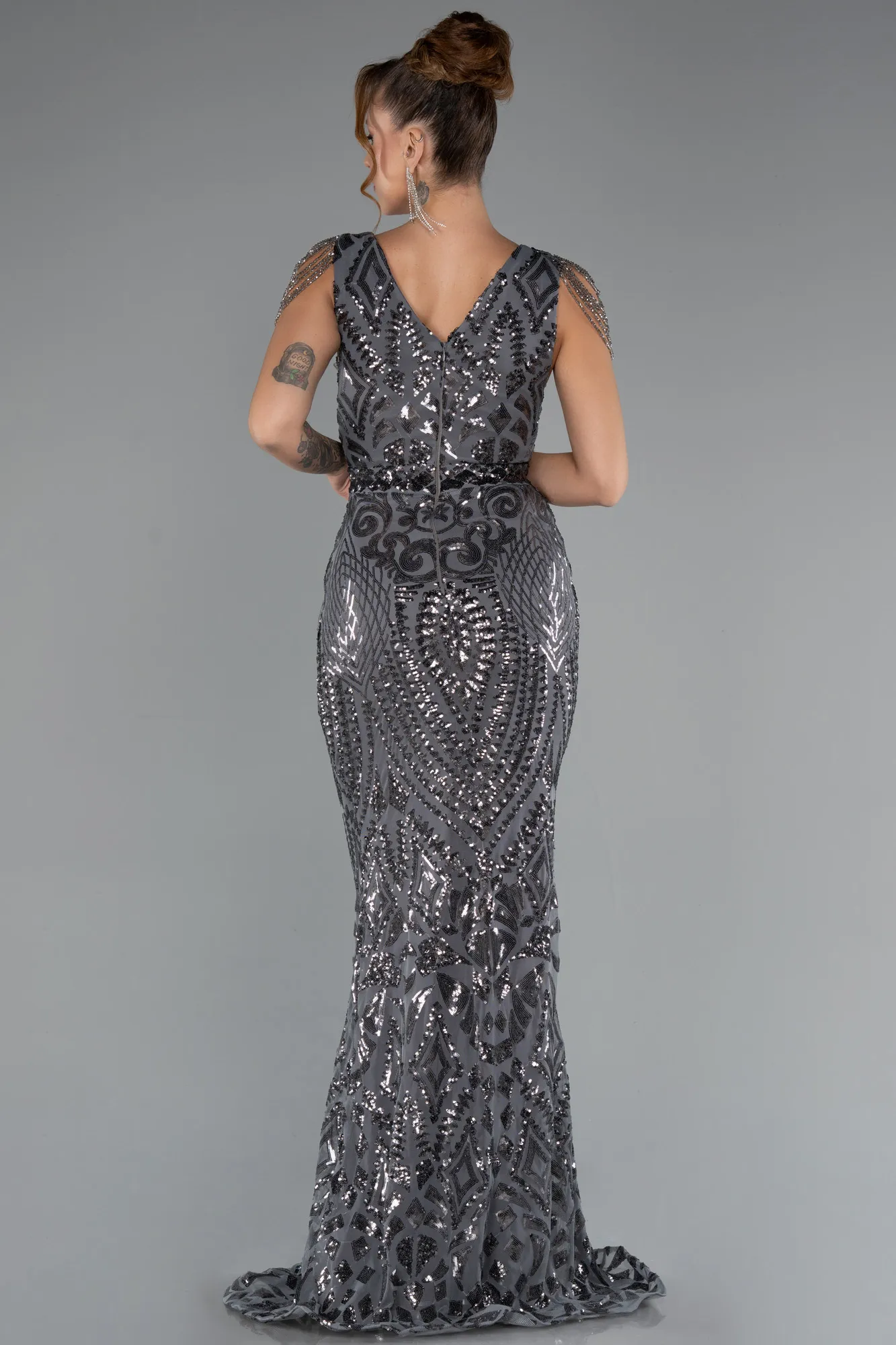 Anthracite-Long Scaly Mermaid Evening Dress ABU3842