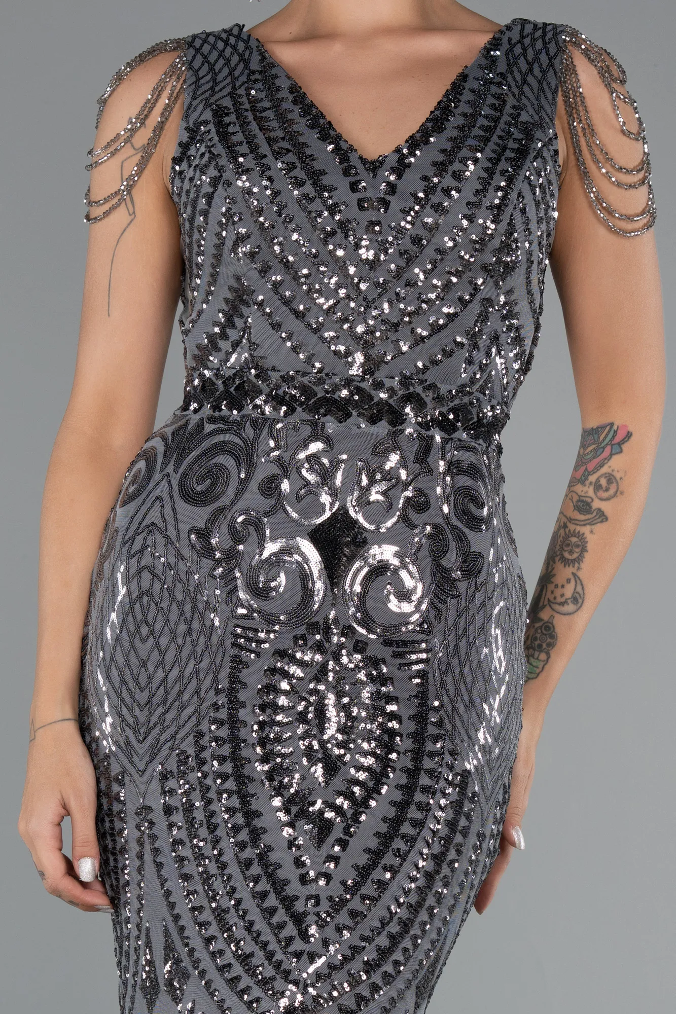 Anthracite-Long Scaly Mermaid Evening Dress ABU3842