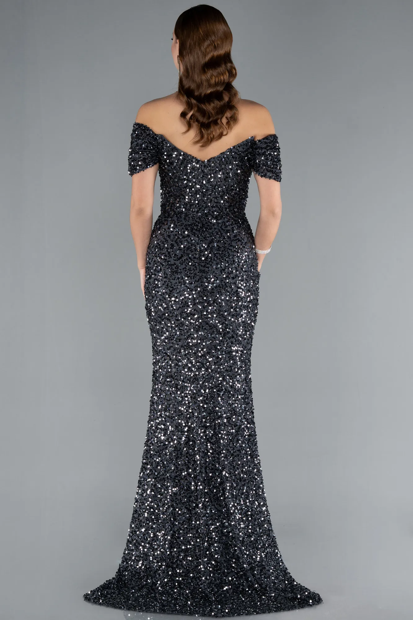 Anthracite-Long Scaly Mermaid Evening Gown ABU4906