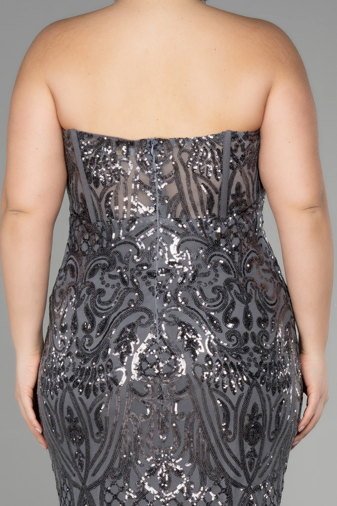 Anthracite-Long Scaly Plus Size Engagement Dress ABU3552