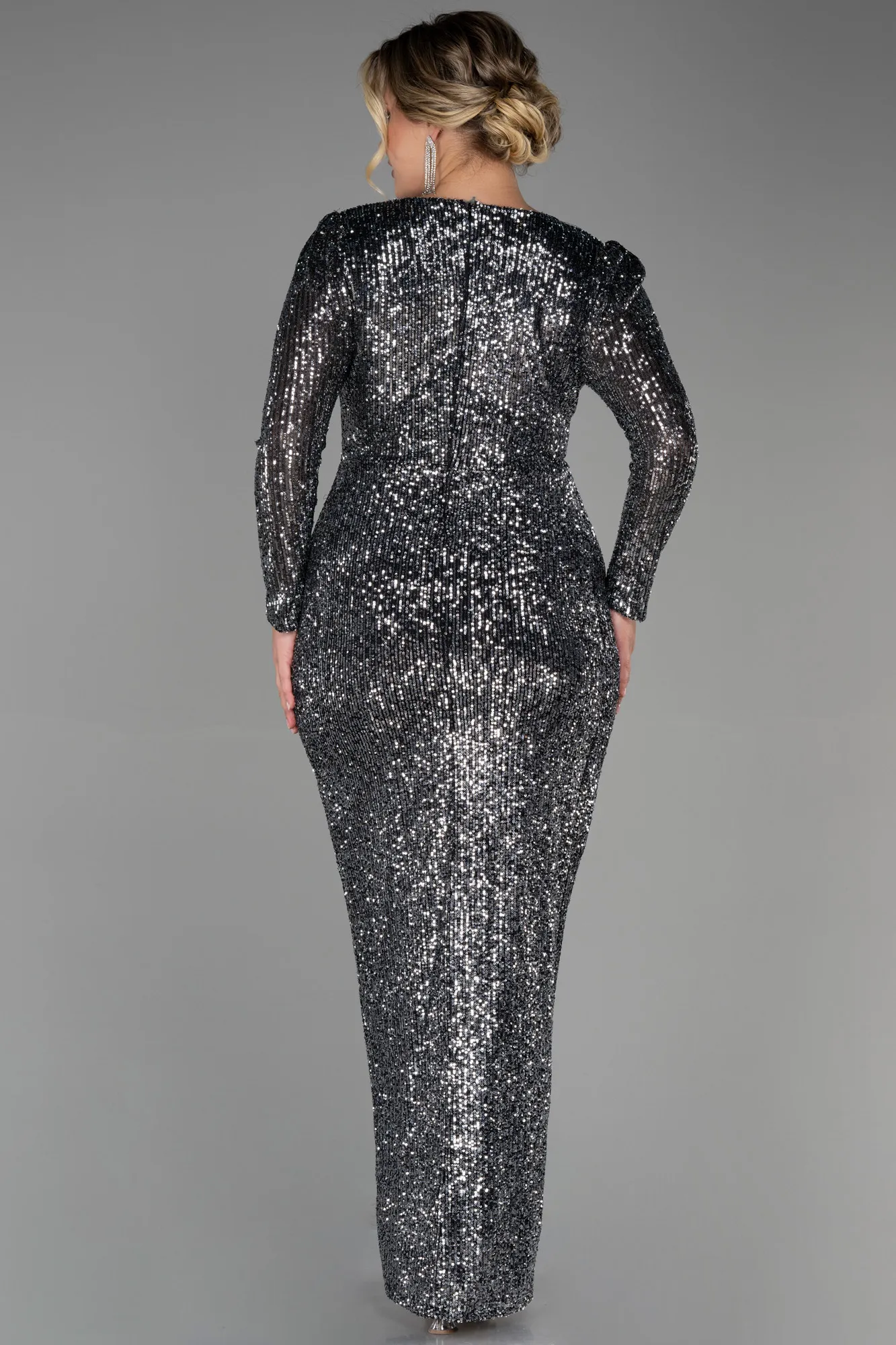 Anthracite-Long Scaly Plus Size Evening Dress ABU3340