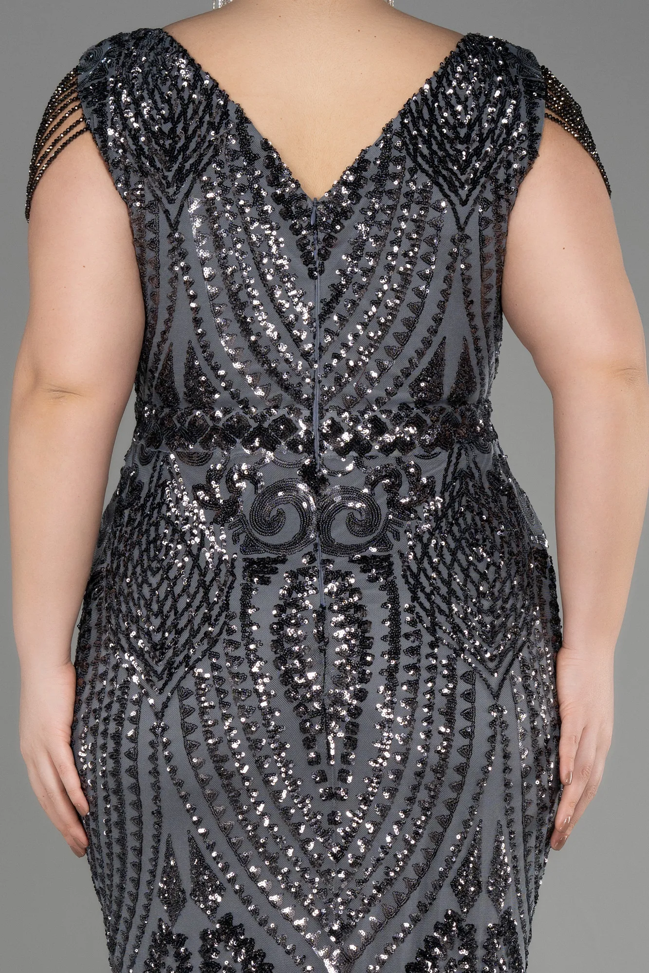 Anthracite-Long Scaly Plus Size Evening Dress ABU3845