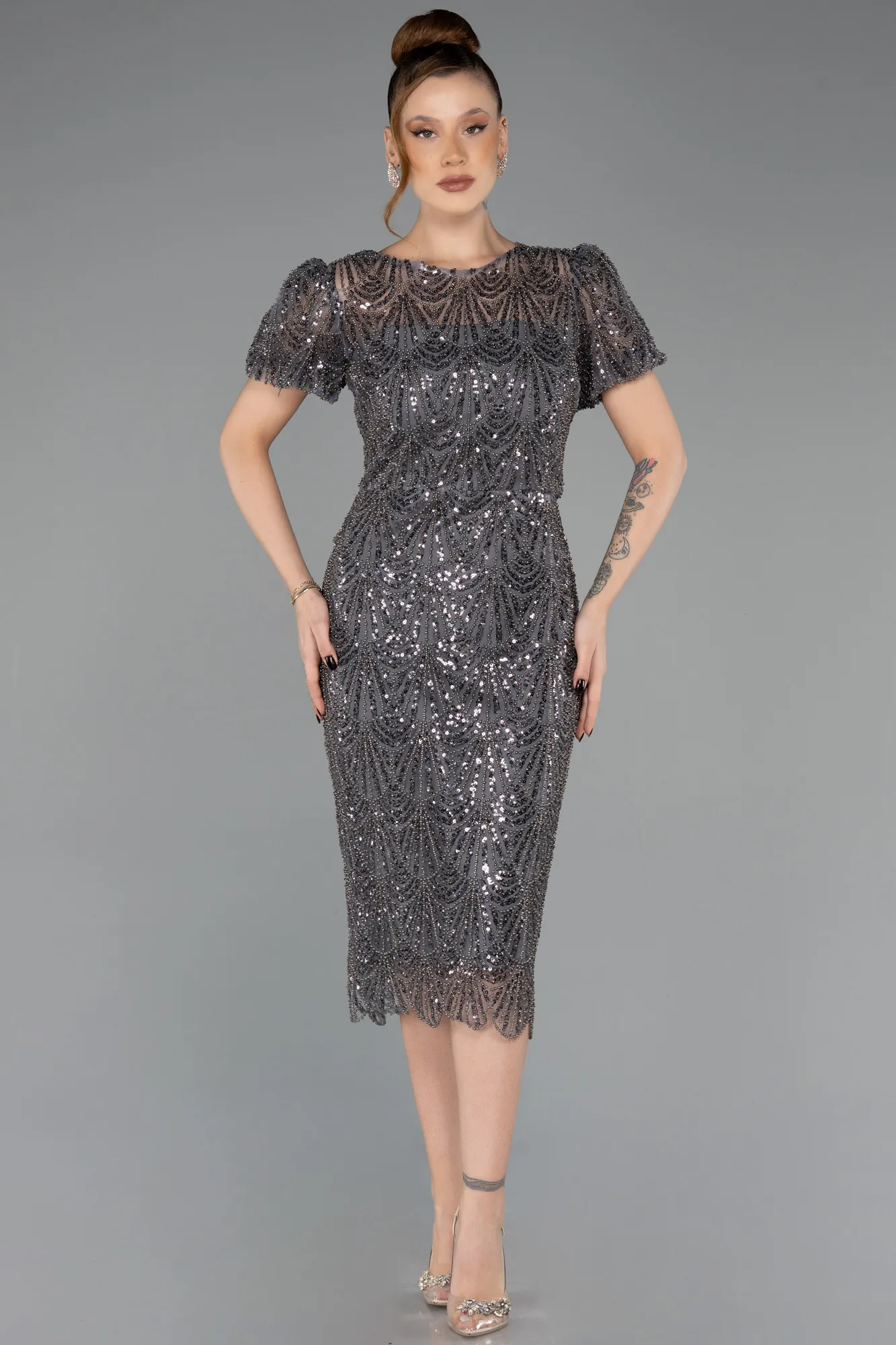 Anthracite-Midi Beaded Party Dress ABK2472